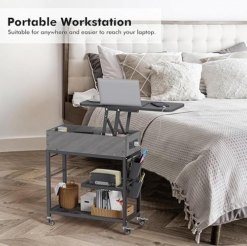 Miniatura 9 de Colima Lift Top End Table with Charging Station and Wheels, Sofa Side Table with USB Port & AC Outlets, Movable Bedside Nightstand with Side Bag for