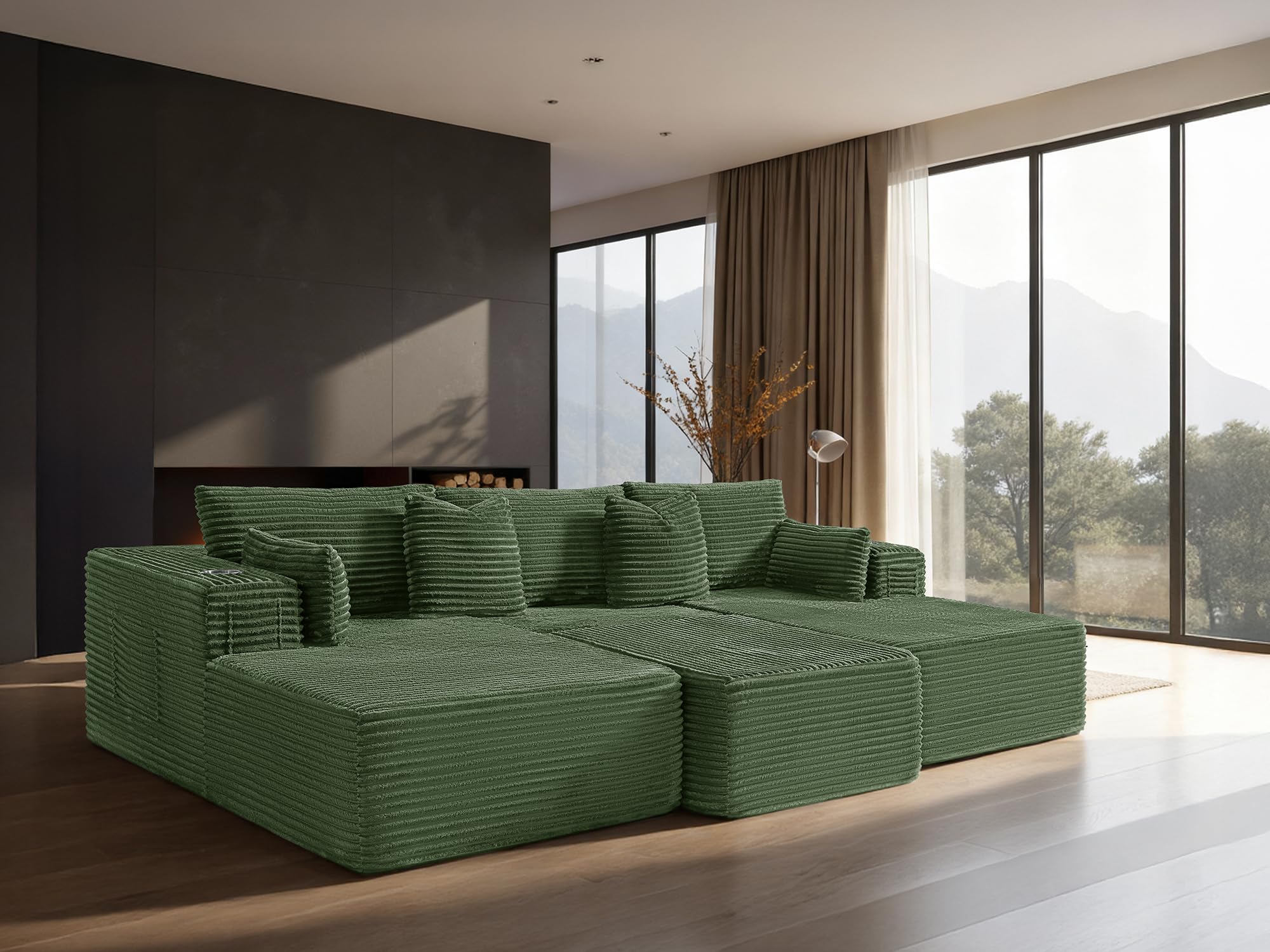 108" Cloud Sectional Couch, Comfort Sleep Sofa for Living Room, Extra Deep Seats No Assembly, Minimalist Modular Couch, Corduroy (Olive Green, Widen Loveseat Chaise)