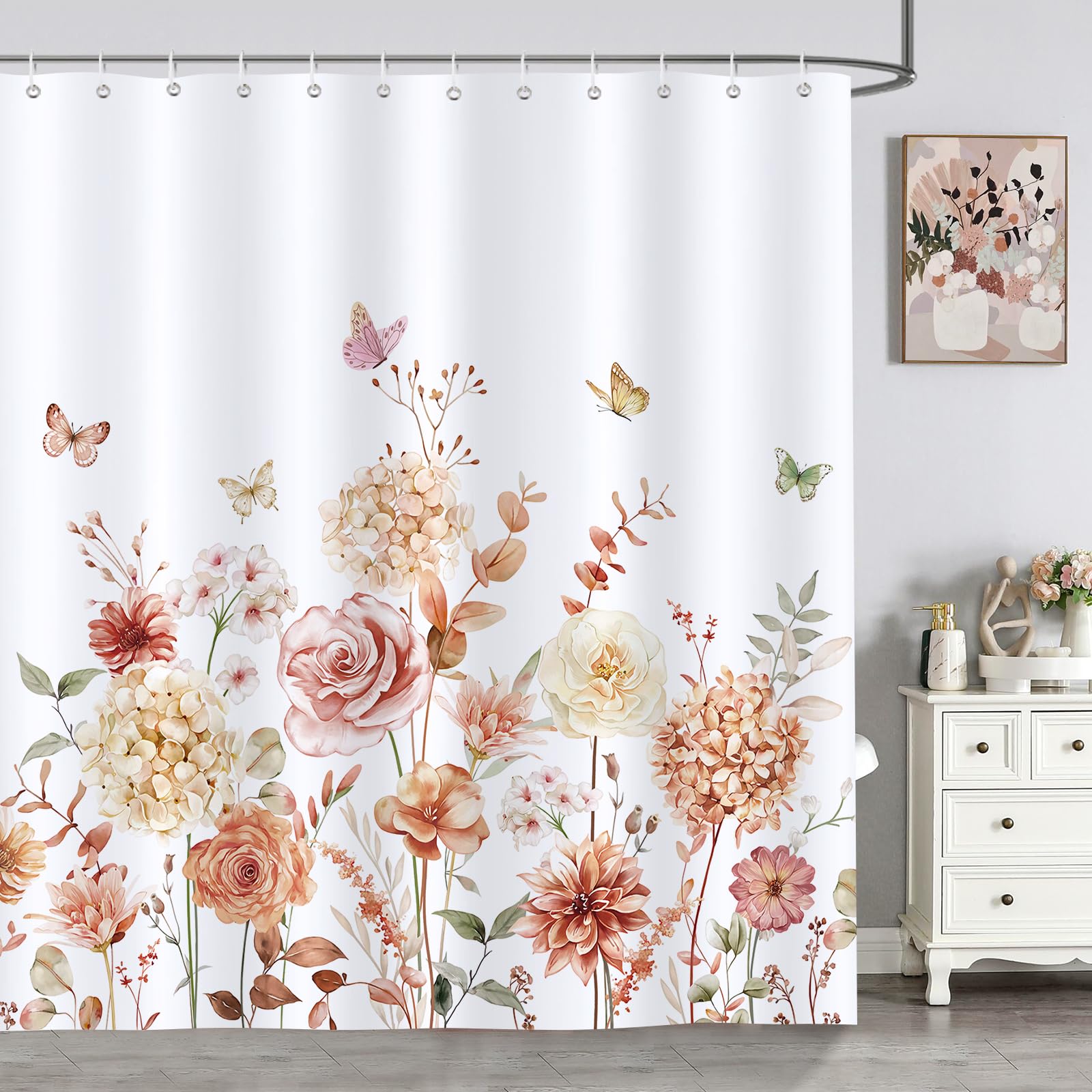 Bonhause Cortina de Ducha Flores y Hojas Otoño Planta de Acuarela Mariposa Cortina de Baño de Poliéster Impermeable Antimoho Lavable Cortina Ducha 180 x 180 cm con 12 Ganchos
