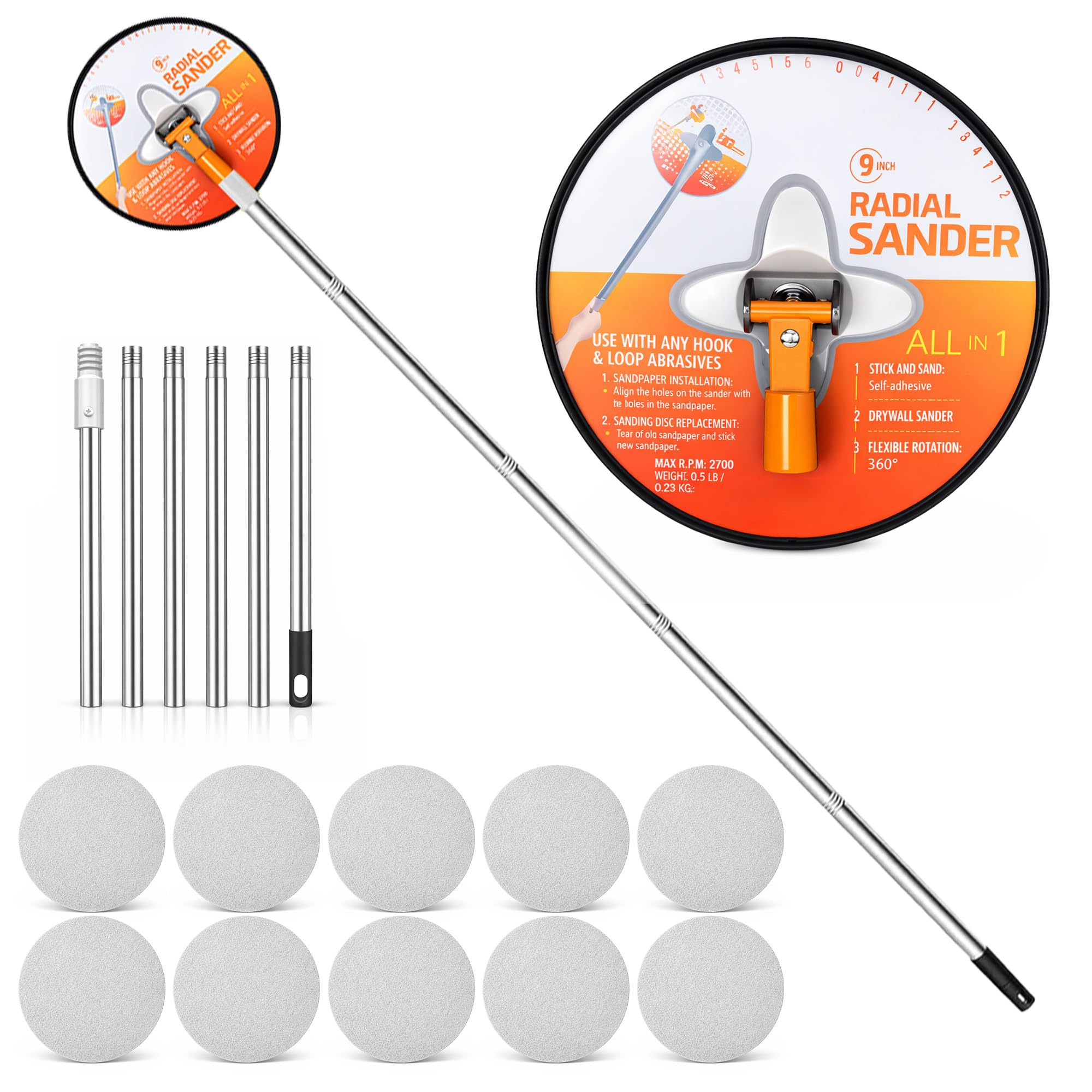 Tvood Orange Drywall Pole Sander With Extension Pole: 9 Inch Drywall Sander With 10Pcs Sanding Sheets (80/100/120/180/240Grit) Aluminum Alloy 360° Rotation Radial Sanders For Painted Walls Ceilings