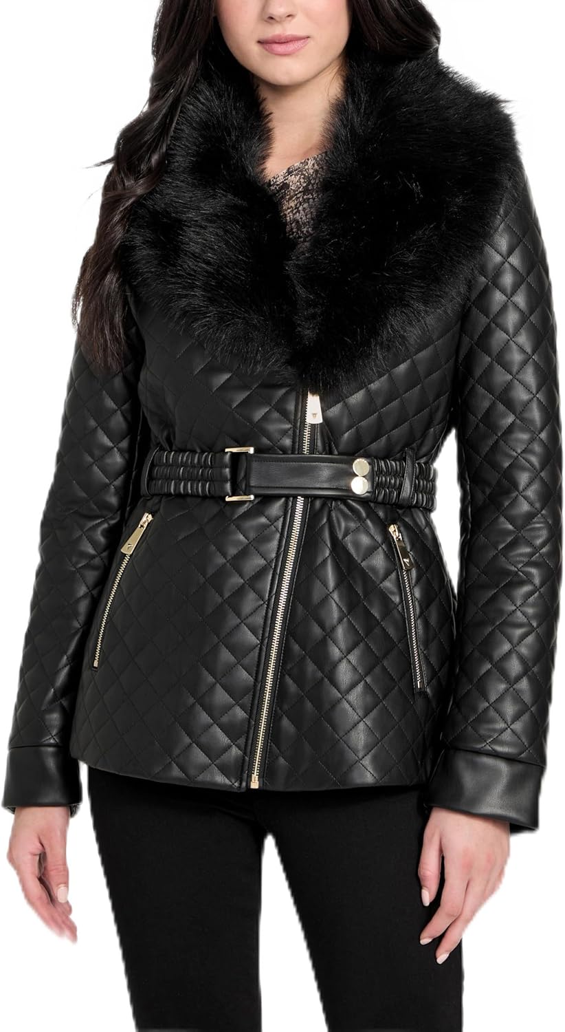 GUESS womens Oprah Fur Collar Diamond Faux Leather Jacket