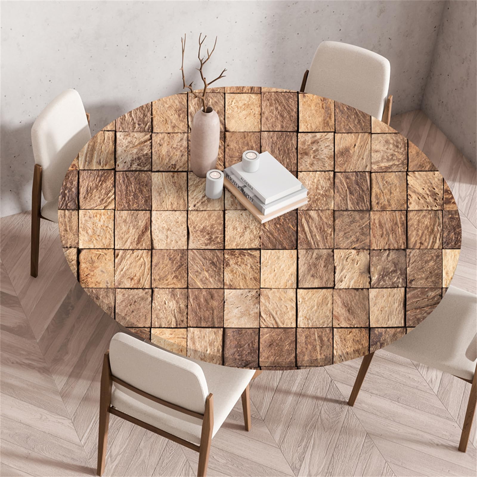 Treer Tablecloth Protector Wipeable Round Table Cloth, 3D Wood Grain Texture Round Elastic Edged Fitted Backed Table Cover Washable for Dinning Room Kitchen Picnic Party (Light Brown,60cm)