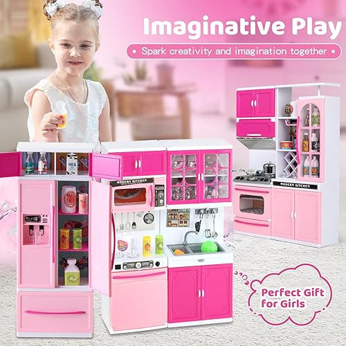 Miniatura 6 de 64 piezas de juguetes de cocina rosas con sonidos de luces, mini juegos de muebles de cocina para niños de 4 a 8 años, juguetes de muñeca para niños