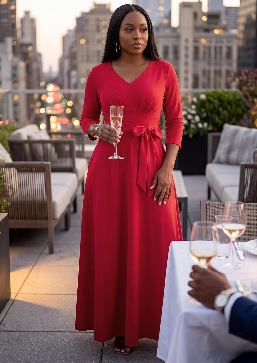 MarryUP Maxi Dress for Women 3/4 Sleeves V-Neck Semi Formal Church Long Casual Dresses with Pockets