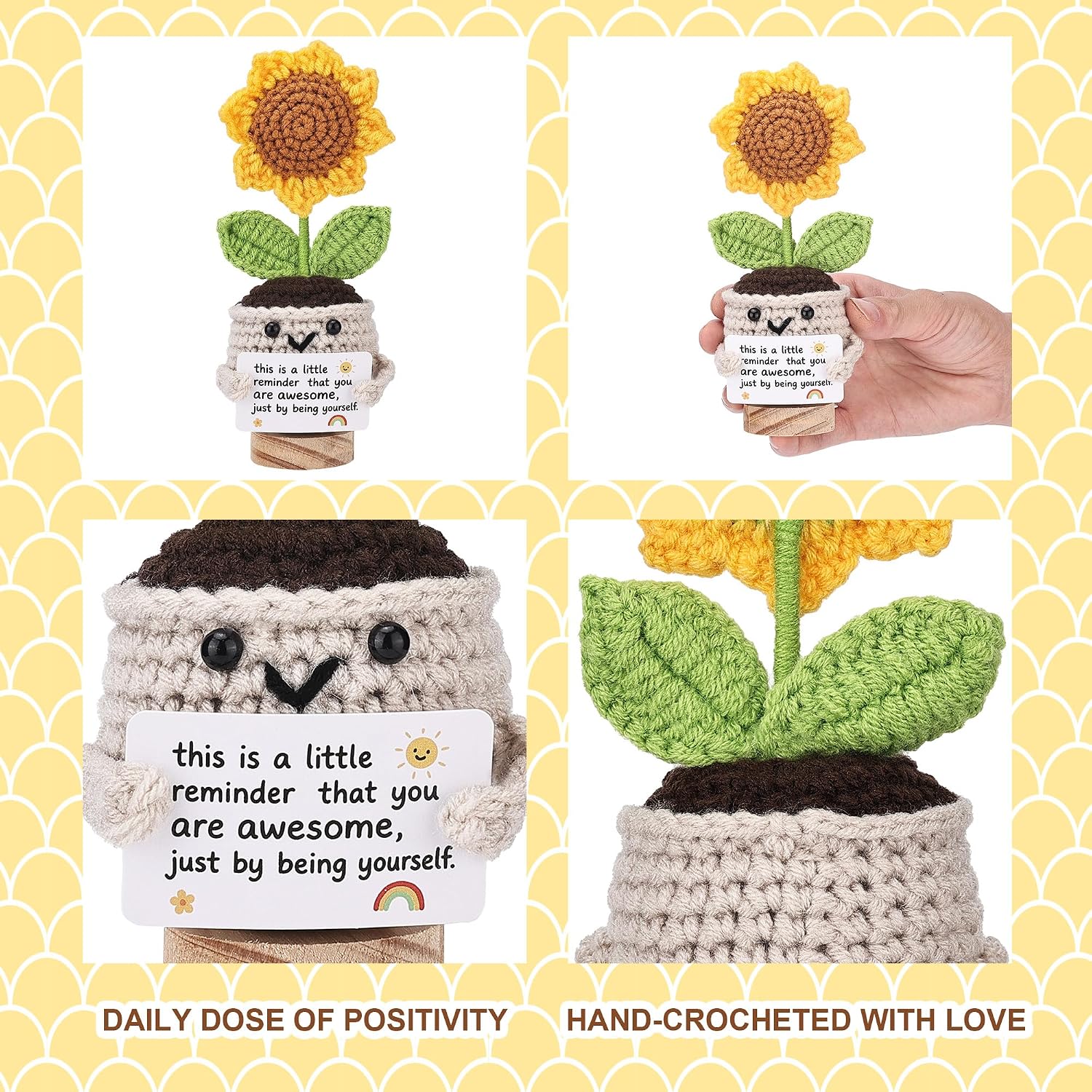 Fungi Fun Positive Sunflower Crochet Doll – Crochet Sunflower Gifts, Thank You Gift Ideas for Women, Men, Teacher, Nurse, Coworker, Boss, Therapist, Flower Positive Desk Decor with Motivational Card
