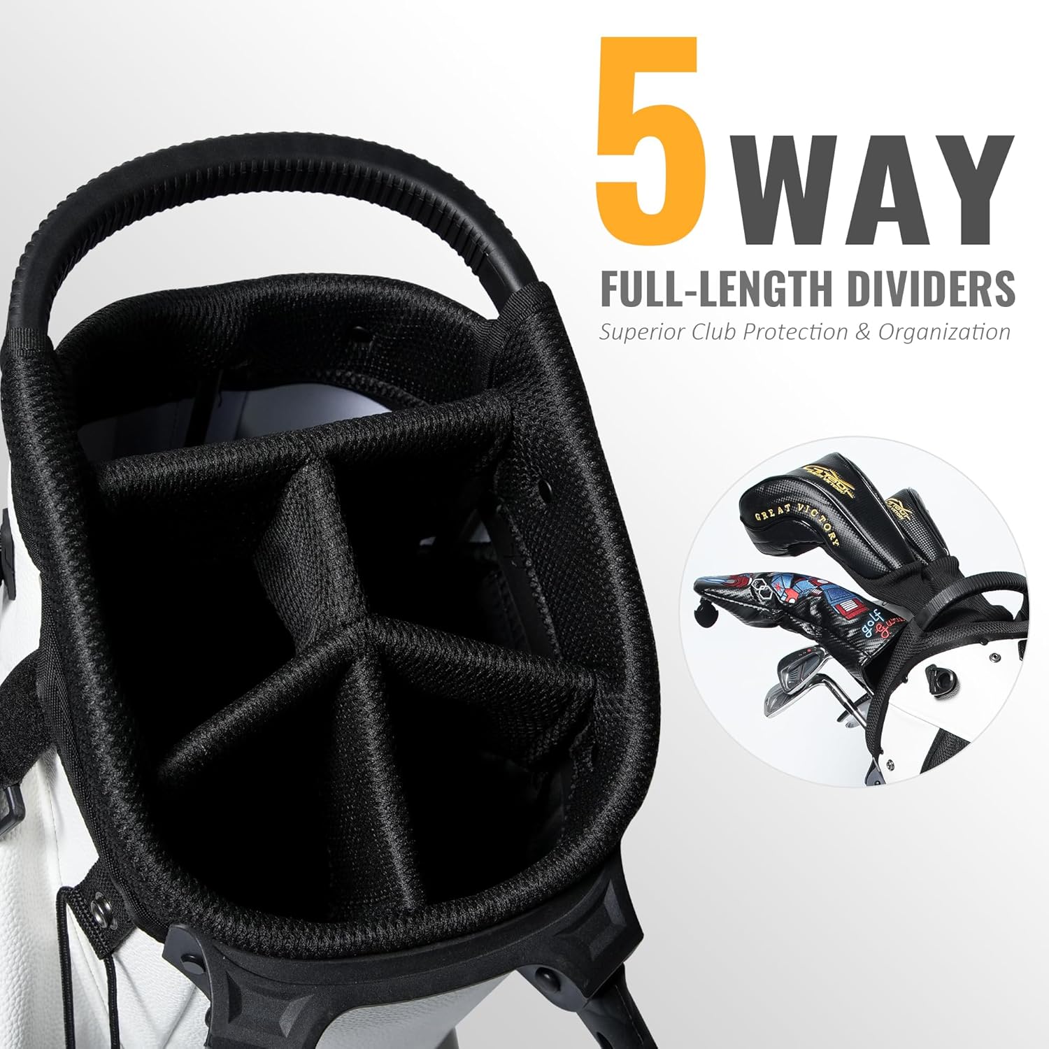 Full Length 5 Dividers Lightweight Waterproof Zipper PU Leather Golf Bags Pouch White Black Golf Stand Bag for Men/Women