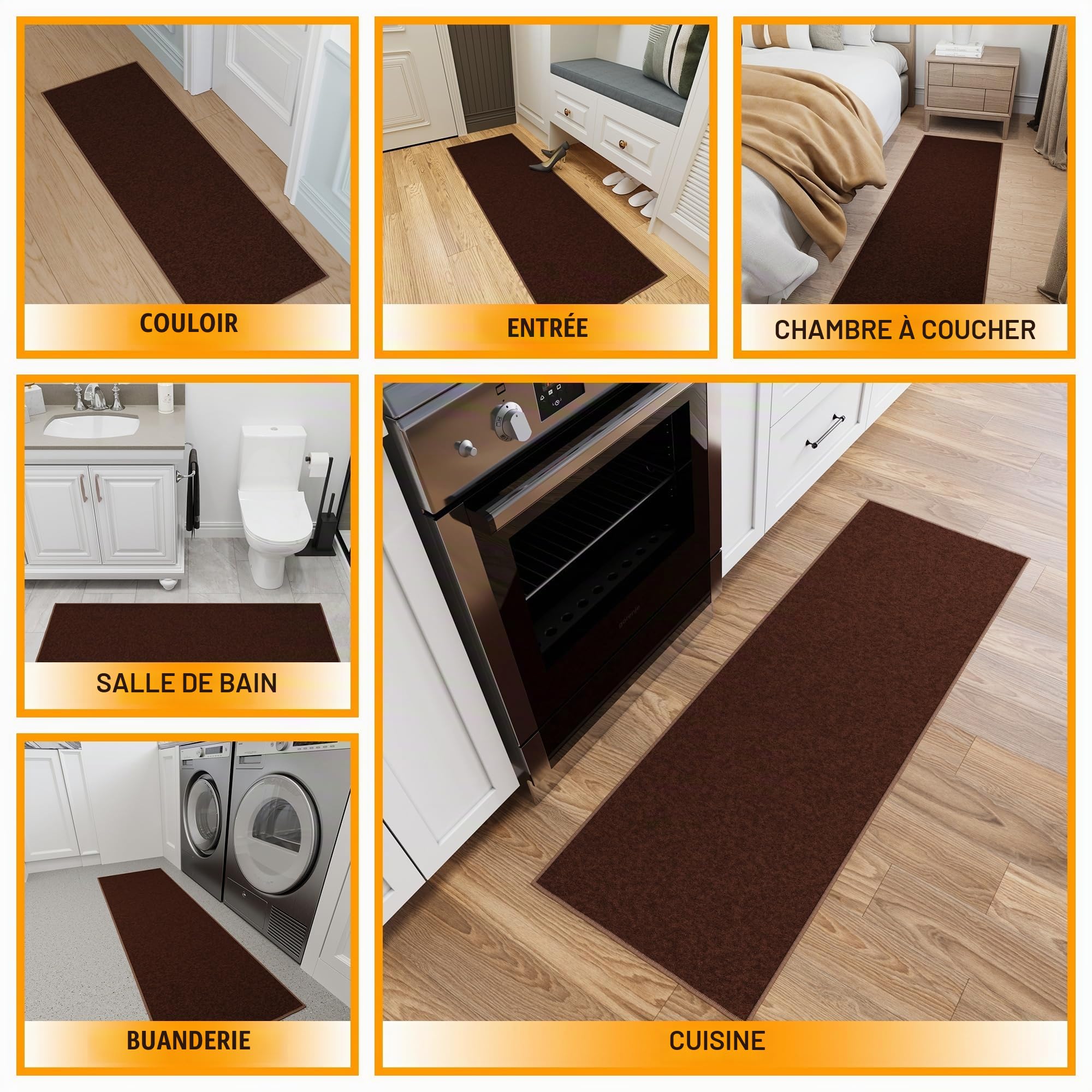 Ottomanson Tapis de couloir collection Ottohome dos en caoutchouc uni 67 cm x 183 cm marron