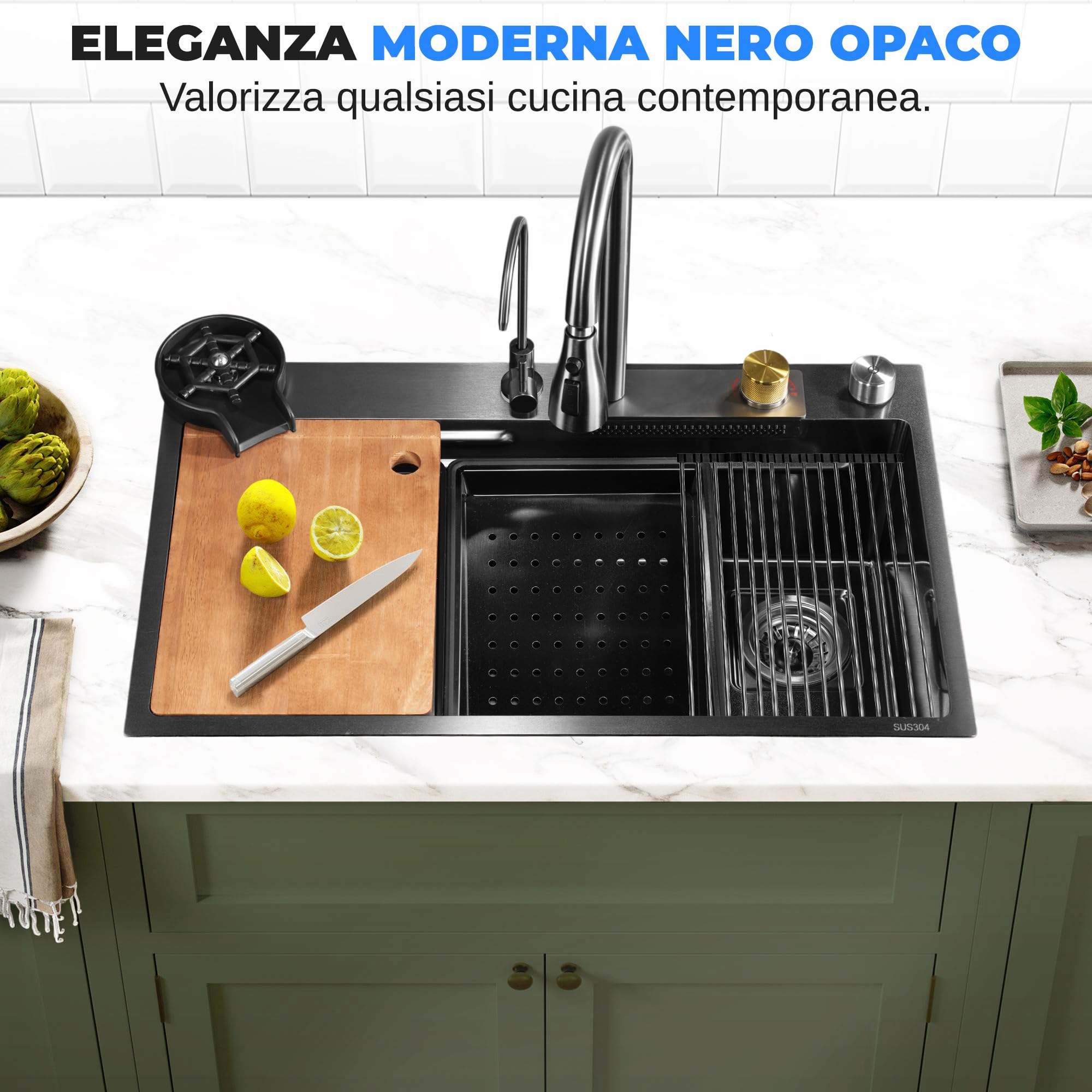 SereneLife Lavello Cucina 1 Vasca in Acciaio Inox Nero 75x46x22 cm, Lavandino Cucina con Scolapiatti, Cestello Filtro, Vassoio e Tagliere