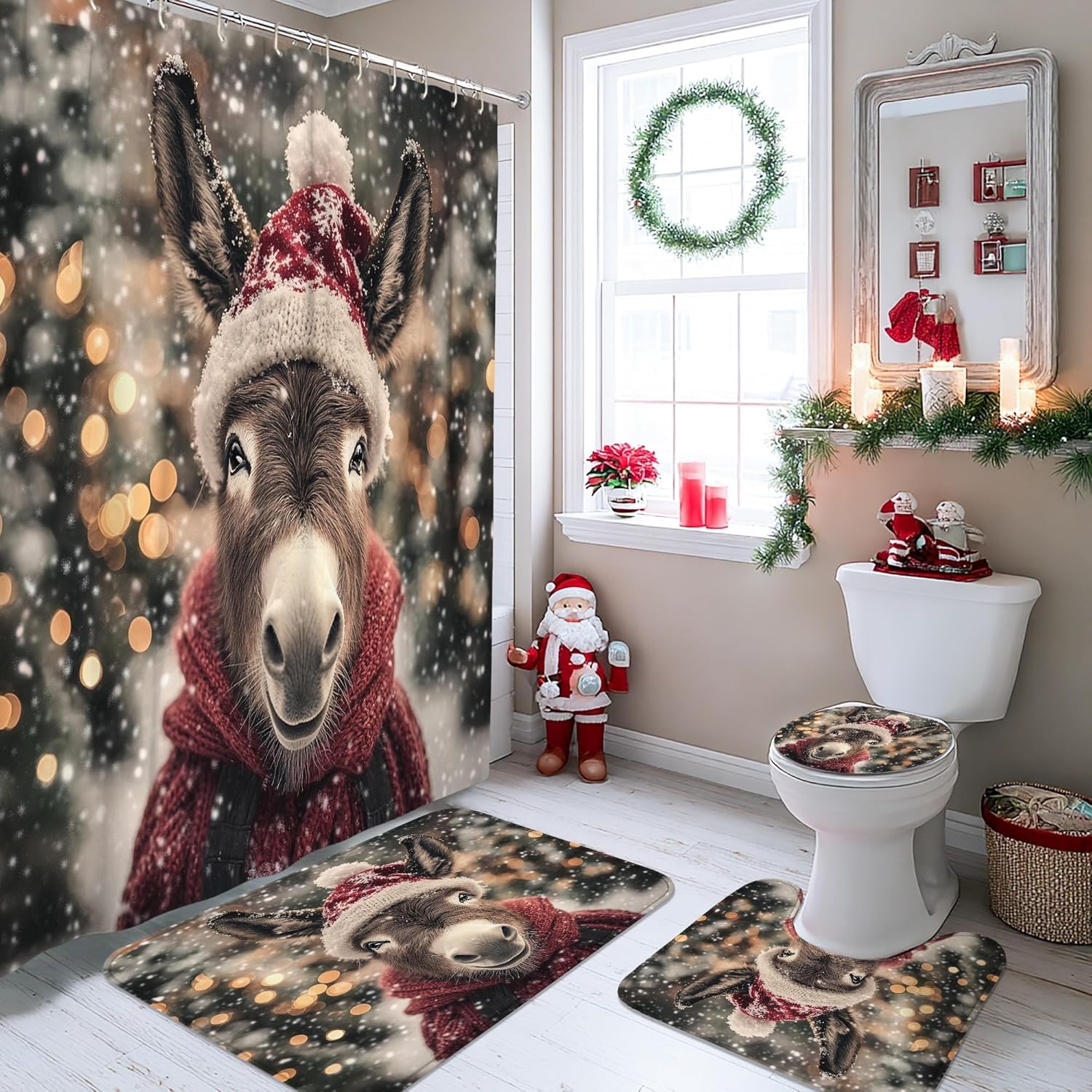4PCS Winter Merry Christmas Donkey Bathroom Sets, Bath with Non-Slip Rug, U Shape Toilet Lid Cover Mat, Farmhouse Xmas Tree Scenic Bathroom Decor-72''x72''