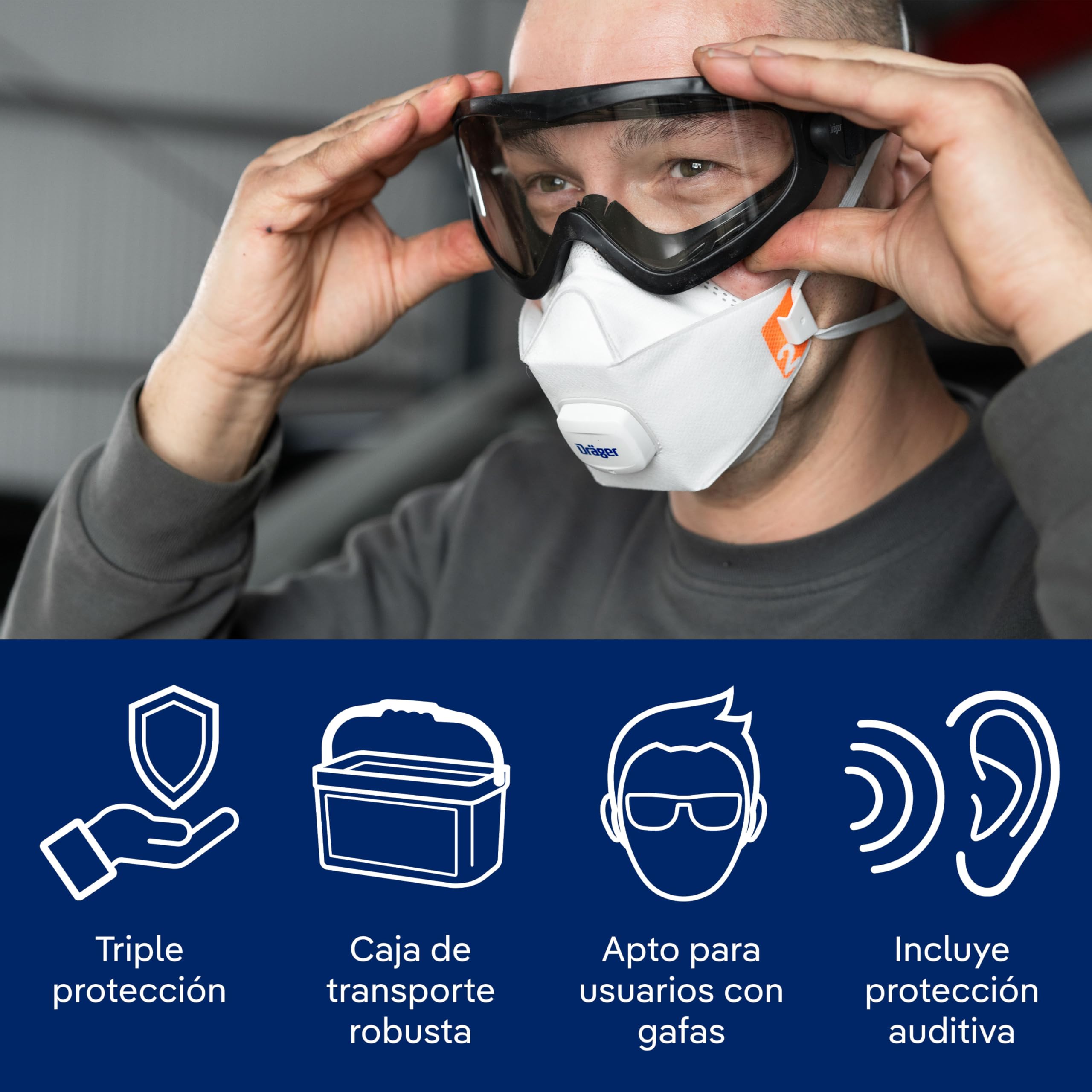 Dräger Kit básico de protección respiratoria artesanos – incluye media máscara X-plore 3300 M, filtros A2P3, 3 mascarillas FFP2, gafas X-pect 4200, tapones para los oídos y paños de limpieza