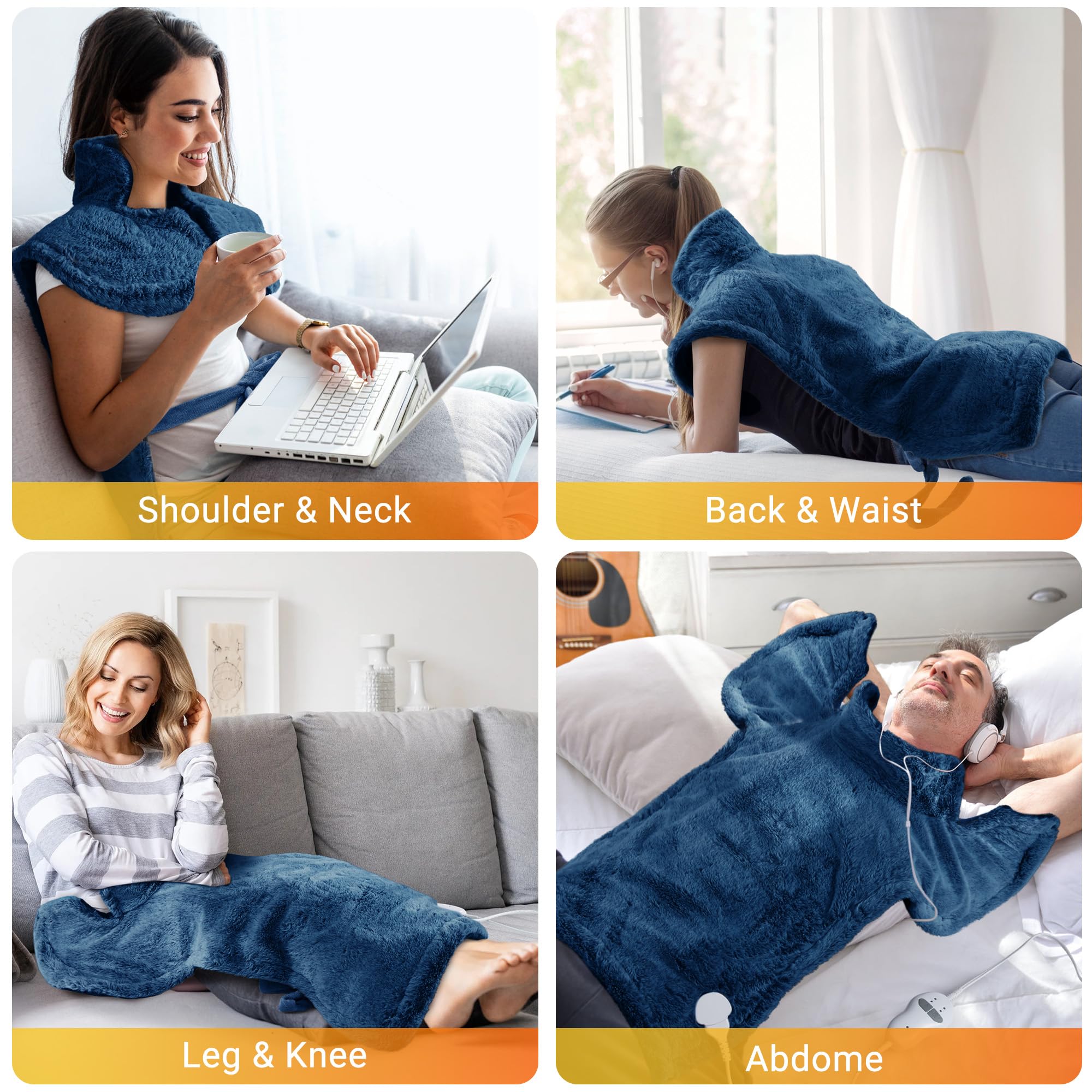 Almohadilla térmica de masaje para cuello, hombros y espalda, almohadilla térmica eléctrica grande de 24 x 35 pulgadas para aliviar el dolor de espalda con 3 niveles de calor, 4 ajustes de masaje