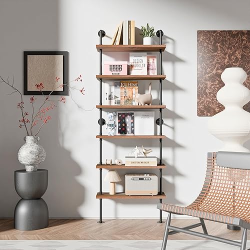Miniatura 13 de Estantería industrial de 5 niveles, estantería rústica de tubería de metal de madera montada en la pared para sala de estar (marrón envejecido, 10