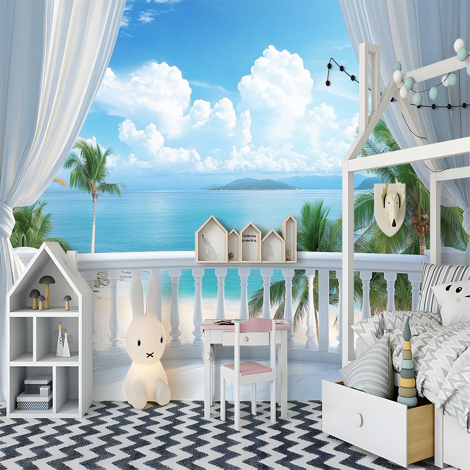 Fototapete 3D Balkon Meerblick Aus Dem Fenster Blau 300x210 cm Vliestapete Wandbild Fototapeten Vlies Tapeten Wandtapete Schlafzimmer Wohnzimmer Kinderzimmer Moderne Wanddeko