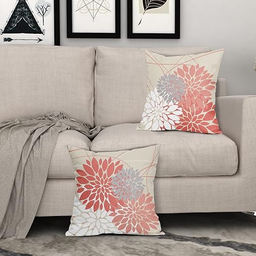 Miniatura 3 de Juego de 2 fundas de almohada coral de 18 x 18 pulgadas, diseño de flores de dalia oscuro y rosa coral claro, decoración de exteriores para el