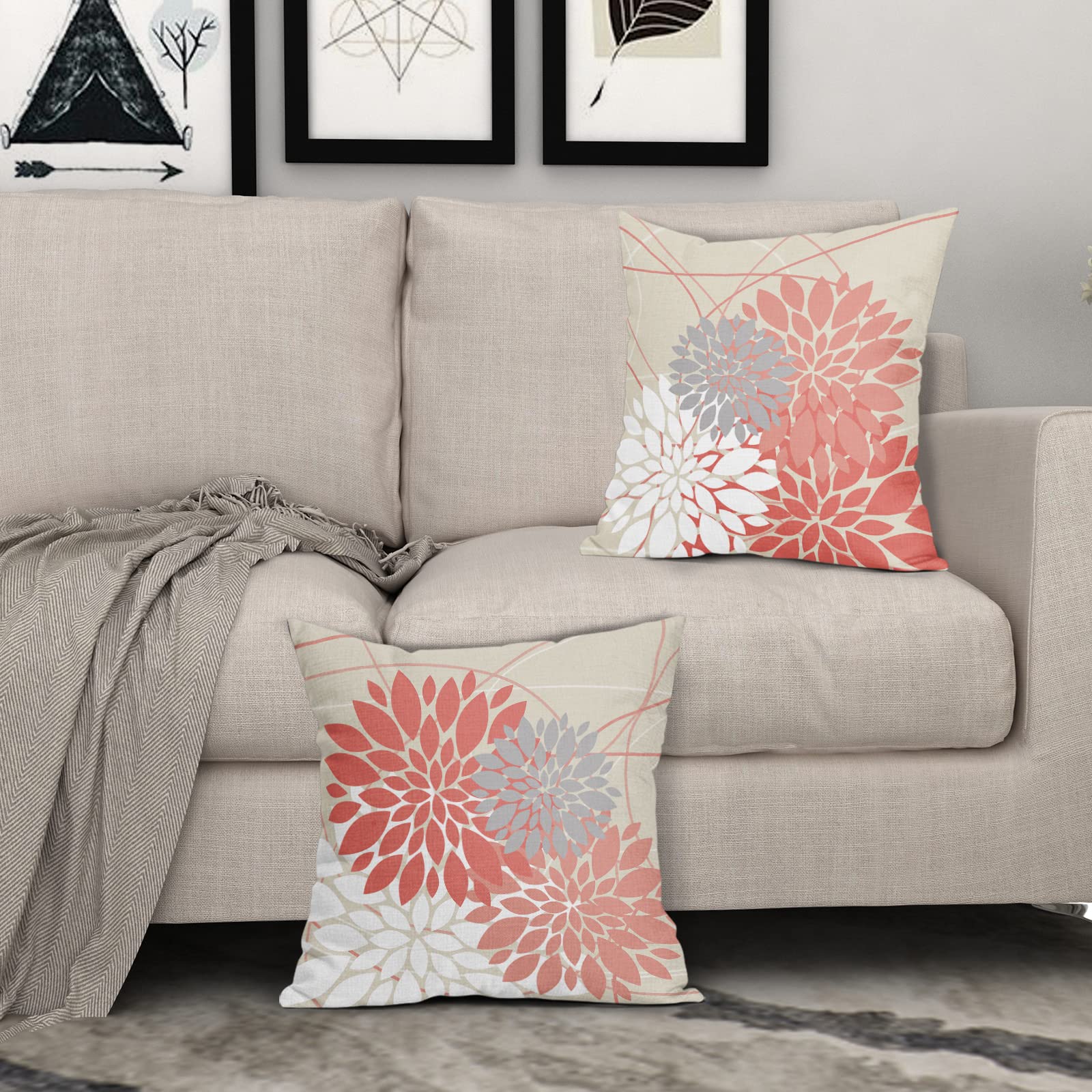 Set di 2 federe per cuscini in corallo, 45 x 45 cm, con fiori di dalia