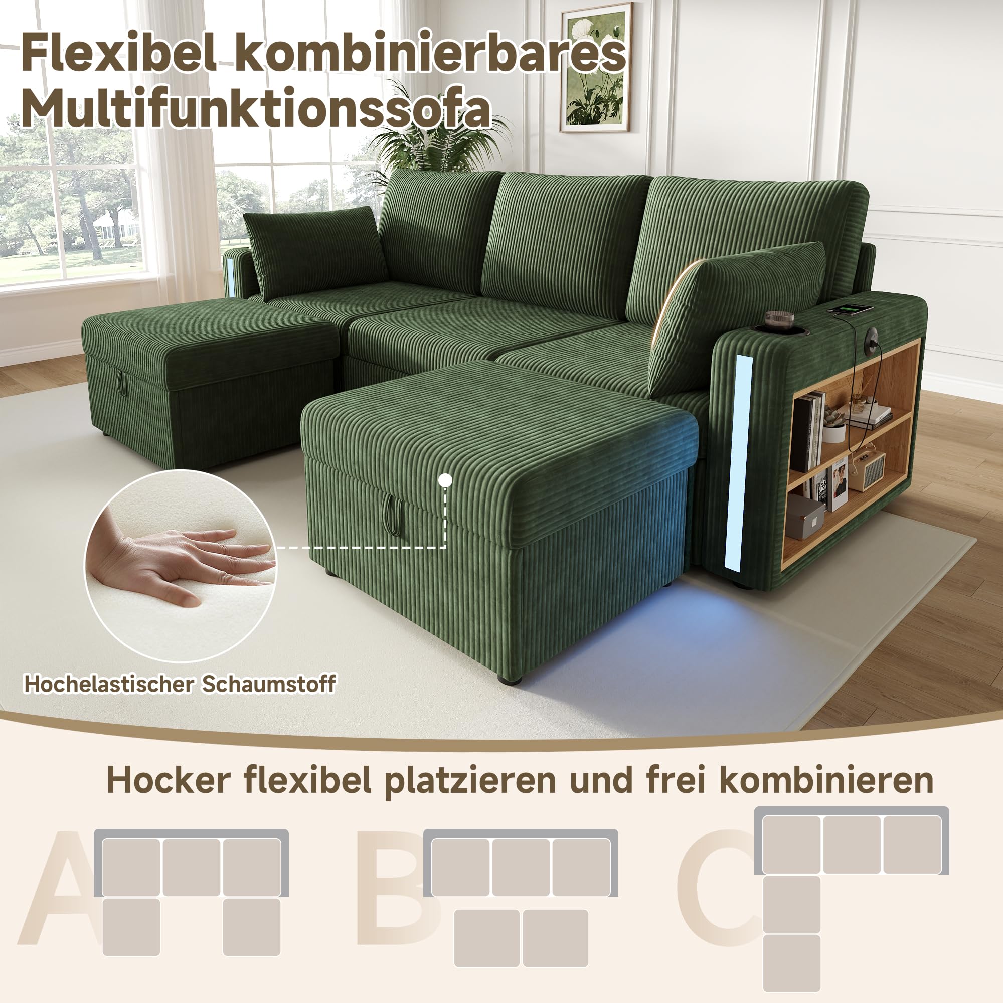 Modulare U-/L-Wohnlandschaft mit Stauraumhockern LED USB Grün