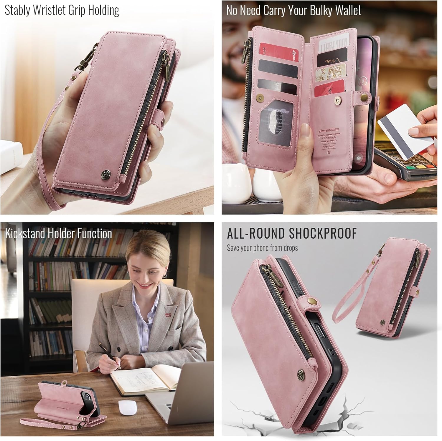 Defencase Compatible with iPhone Air Case Wallet with RFID Blocking Card Holder for Women Men, Fashion PU Leather Magnetic Snap Flip Zipper Strap Wallet Phone Case for iPhone 17 Air 6.5", Rose Pink