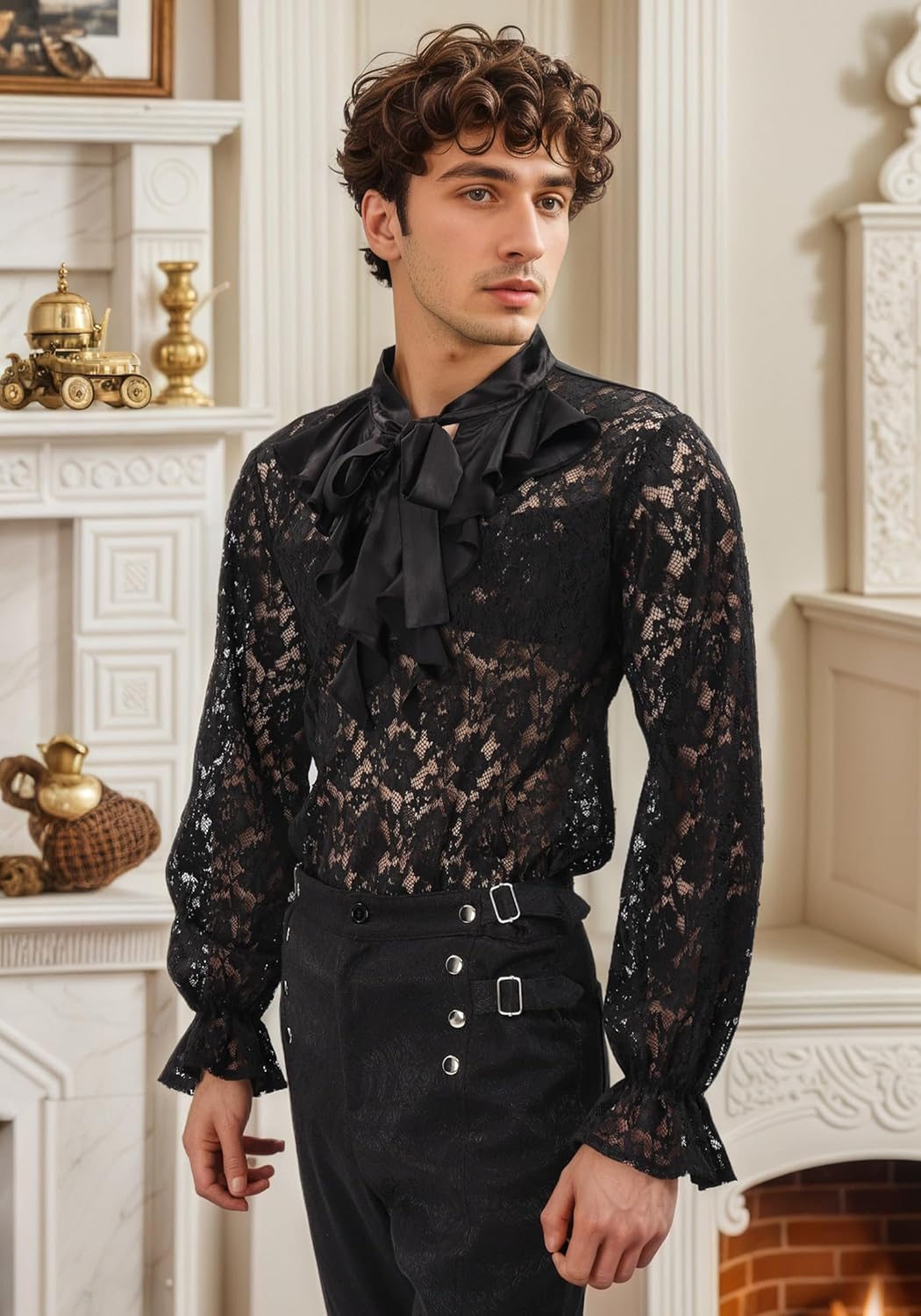 PROCOS Mens Pirate Vampire Gothic Shirt Rose Shaped Lace Shirt See Through Renaissance Poet Shirts Medieval Costume - Image 2