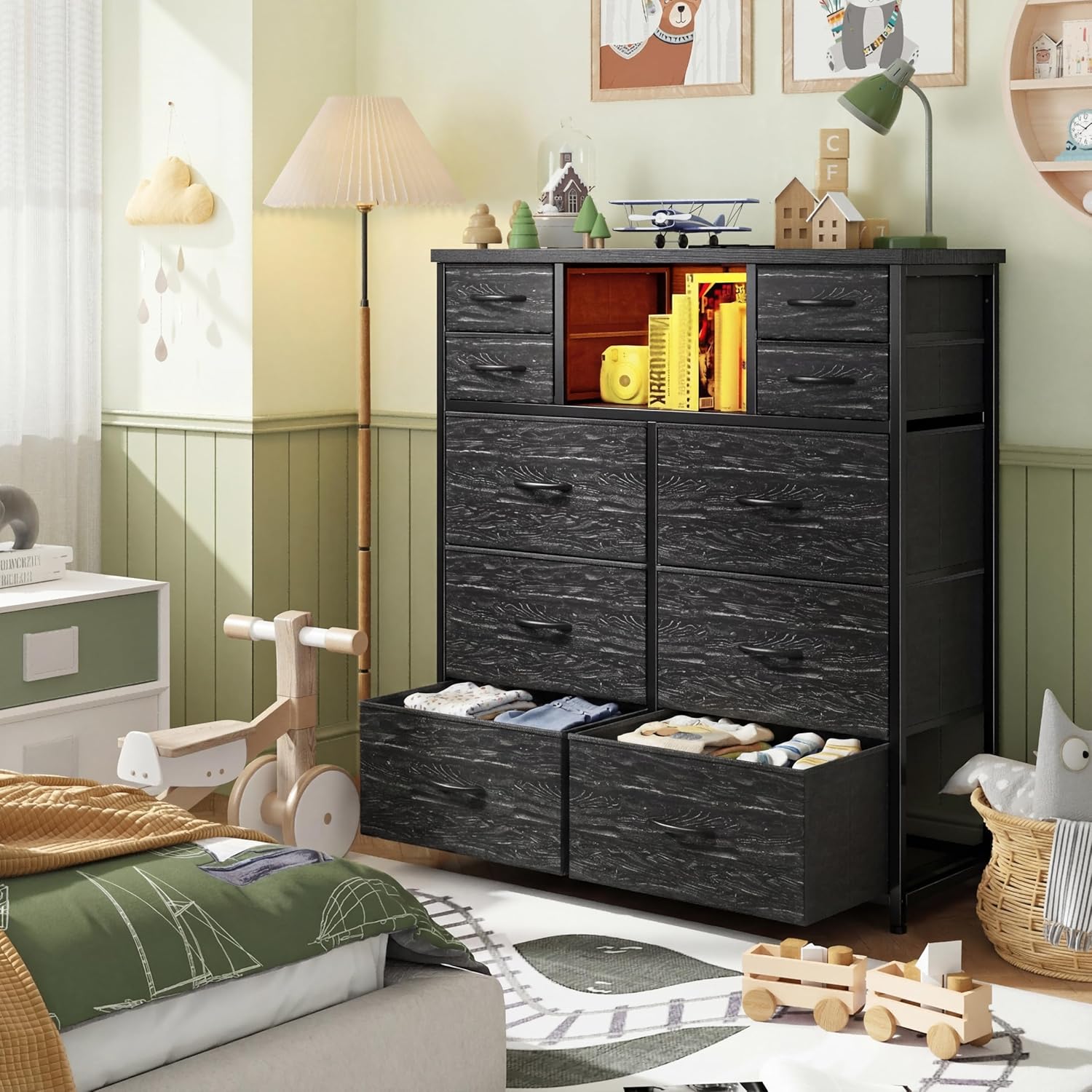 Dresser for Bedroom with 10 Fabric Drawers, Organizer Unit with LED Light & Charging Station, Sturdy Chest of Drawers with 2 Open Wooden Shelves for Hallway, Living Room, Dormitory (Black)