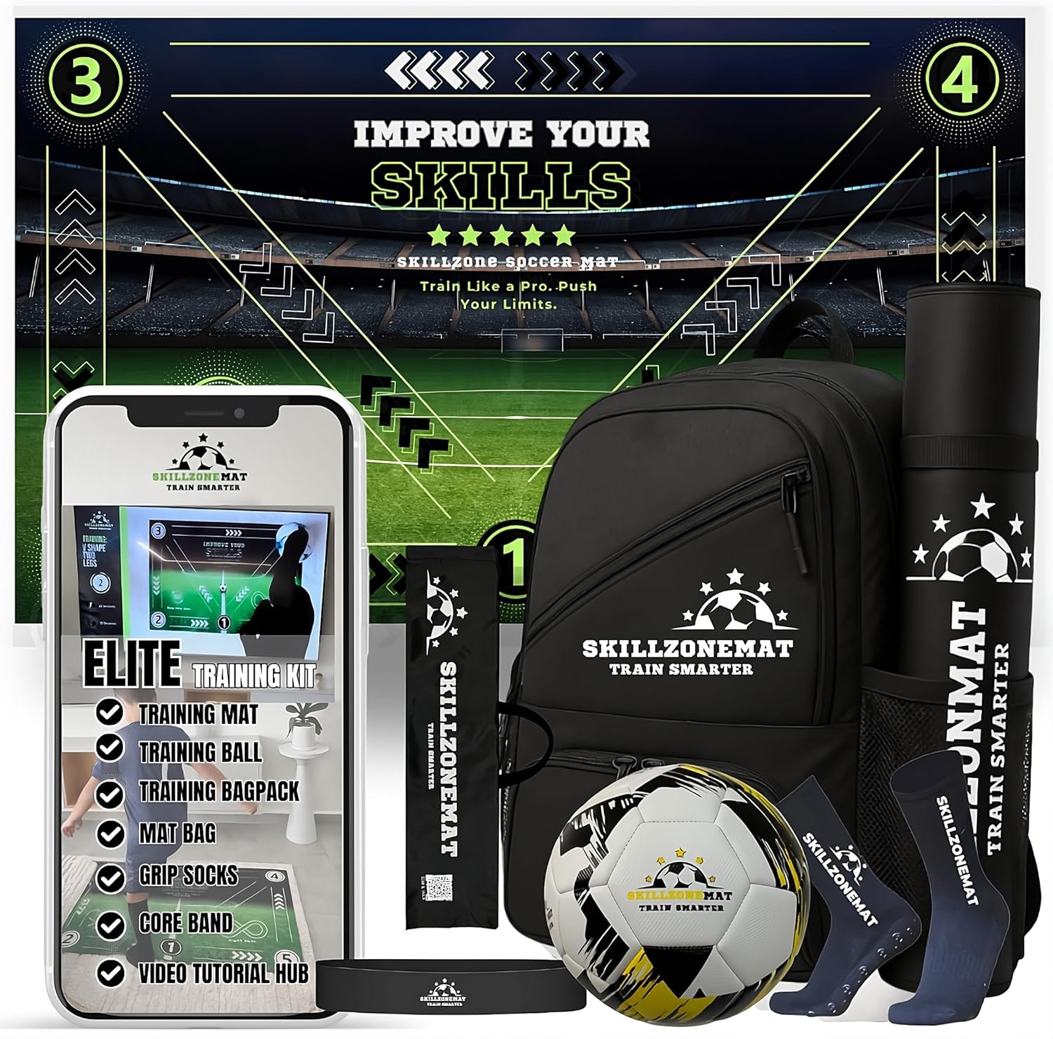 SkillZone Soccer Training Mat – Soccer Dribbling & Footwork Trainer with SkillZone Interactive Training Hub | Soccer Skills & Ball Control Practice for Kids & Teens | Indoor & Outdoor Agility & Coordination Training System