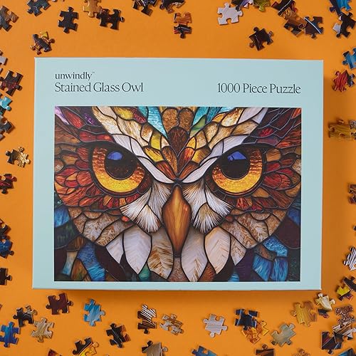 Miniatura 5 de Rompecabezas de búho de vidrieras para adultos, rompecabezas de 1000 piezas con póster adicional, diseño único y colores vibrantes