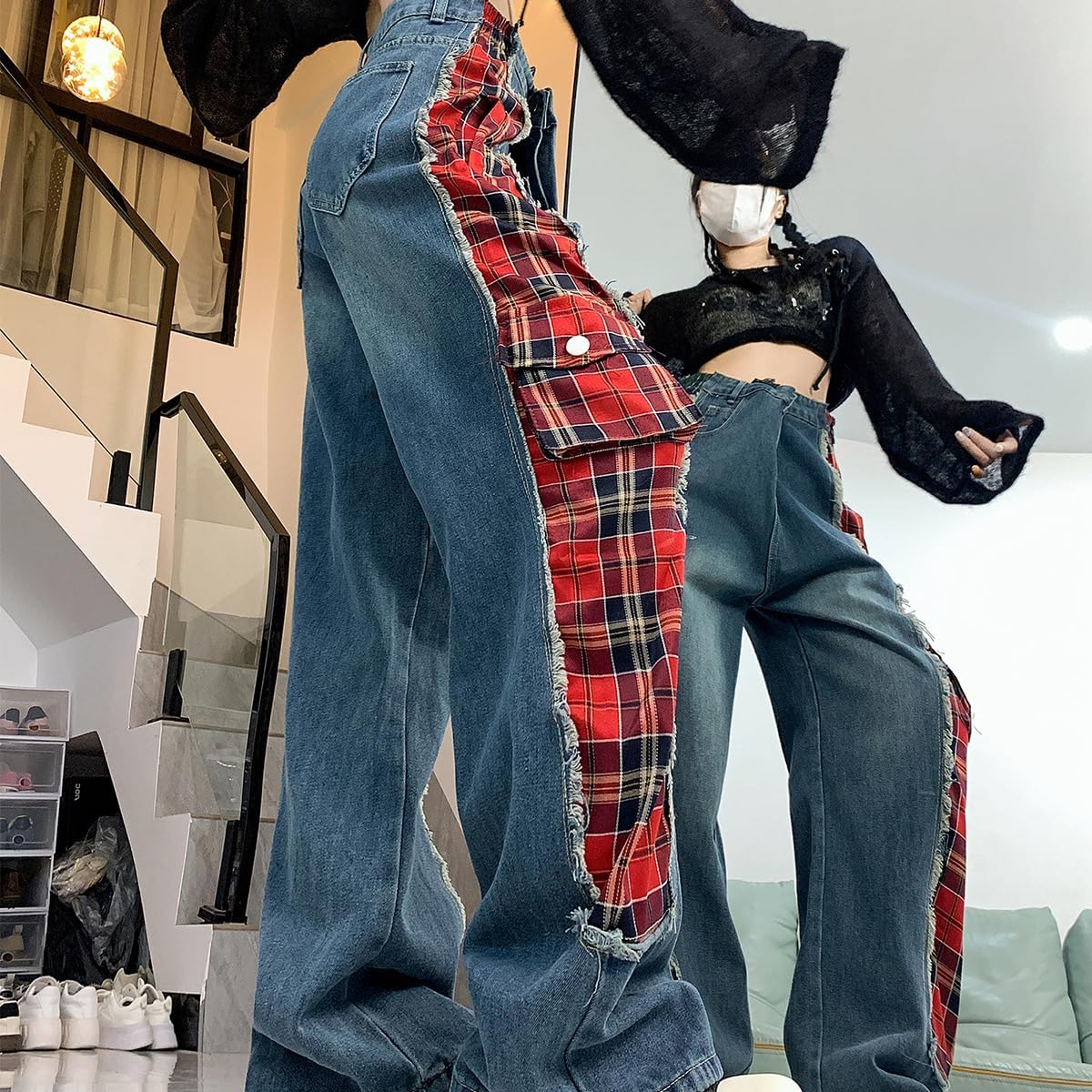 Fashion Vintage Women’s High Waist Straight Leg Denim Pants Casual Y2K Side Plaid Patch Fringe Baggy Jeans - Image 6