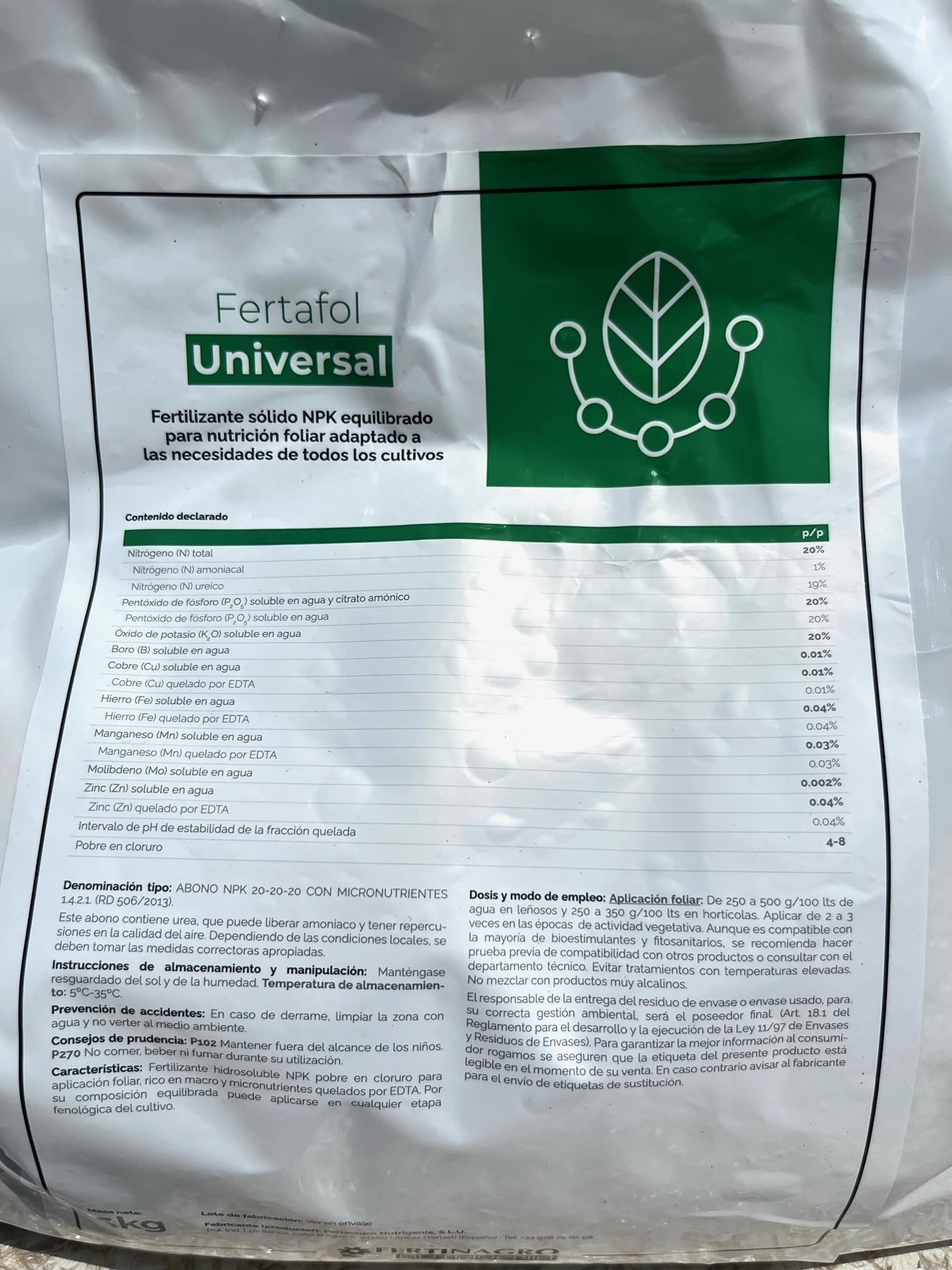 TodoCultivo Concime fogliare NPK 20-20-20 con microelementi chelati 5 kg. Fertilizzante per uso fogliare e radicolare equilibrato e ad alta concentrazione Agrium