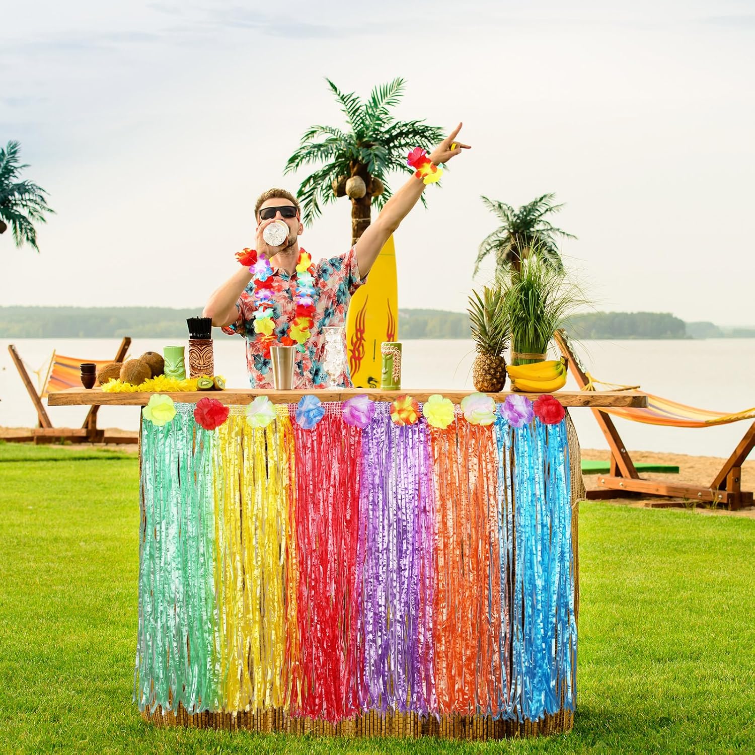 Skylety 2 Sets 60 cm Luau Hula Grass Skirt with Pineapple Sunglasses Flower Accessories for Dance - Image 7