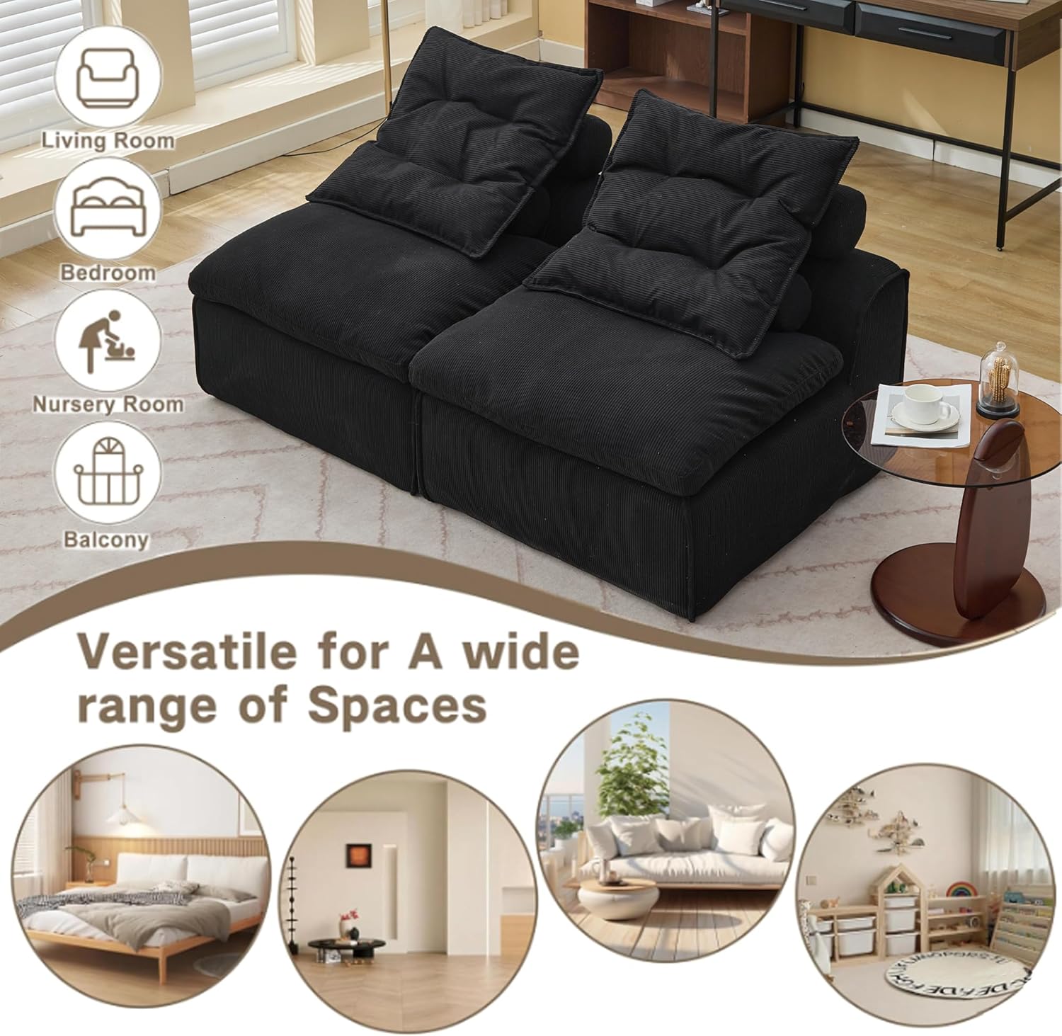 66" Corduroy Modular Lounge Chair with 4 Toss Pillows, Sectional Loveseat Sofa with High-Density Foam Cushion for Living Room,Bedroom,Apartment,Reading Room