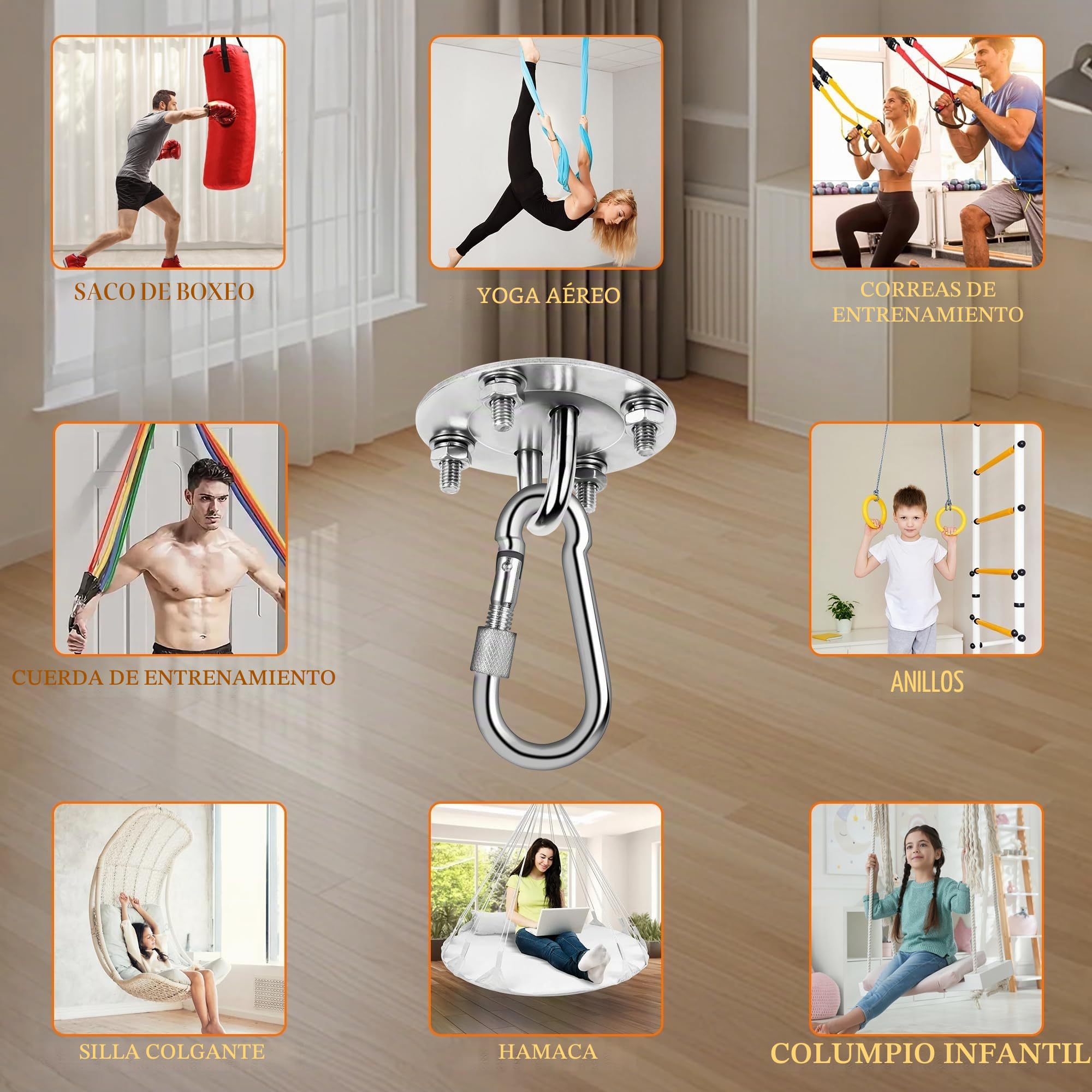 Gancho de Techo, Soporte de Techo para Saco de Boxeo de Acero Inoxidable de hasta 400 kg, Colgante Soporte 360° Rotación con Anillo M8, para Saco de Boxeo, Hamacas, Yoga, Silla Colgante