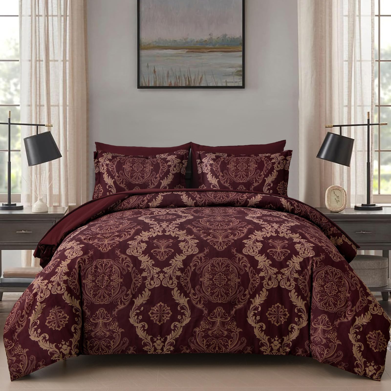 Burgundy Duvet Cover Set Double Size,3 Pieces Damask Texture Microfiber Bedding Sets -1 Duvet Cover 2 Pillowcases,200x200 cm — image 1