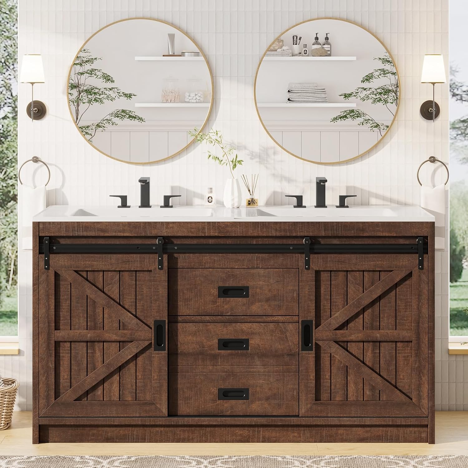 AMERLIFE Double Farmhouse Bathroom Vanity with Sink, 61in Sliding Barn Door Bathroom Storage ...