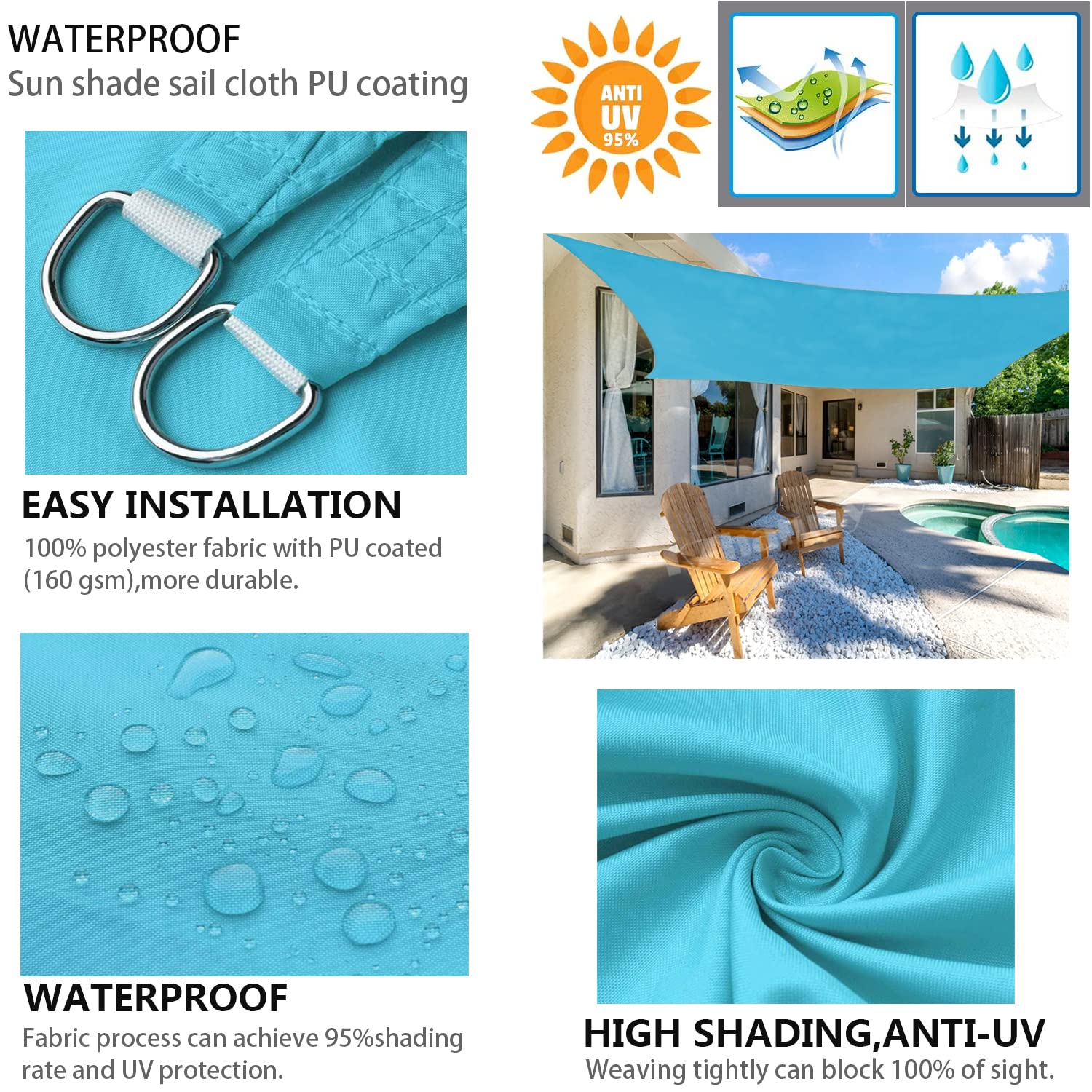 Voile d'ombrage Rectangulaire, Imperméable Protection UV Toile Ombrage avec Kit de Fixation, pour Extérieur Jardin Terrass