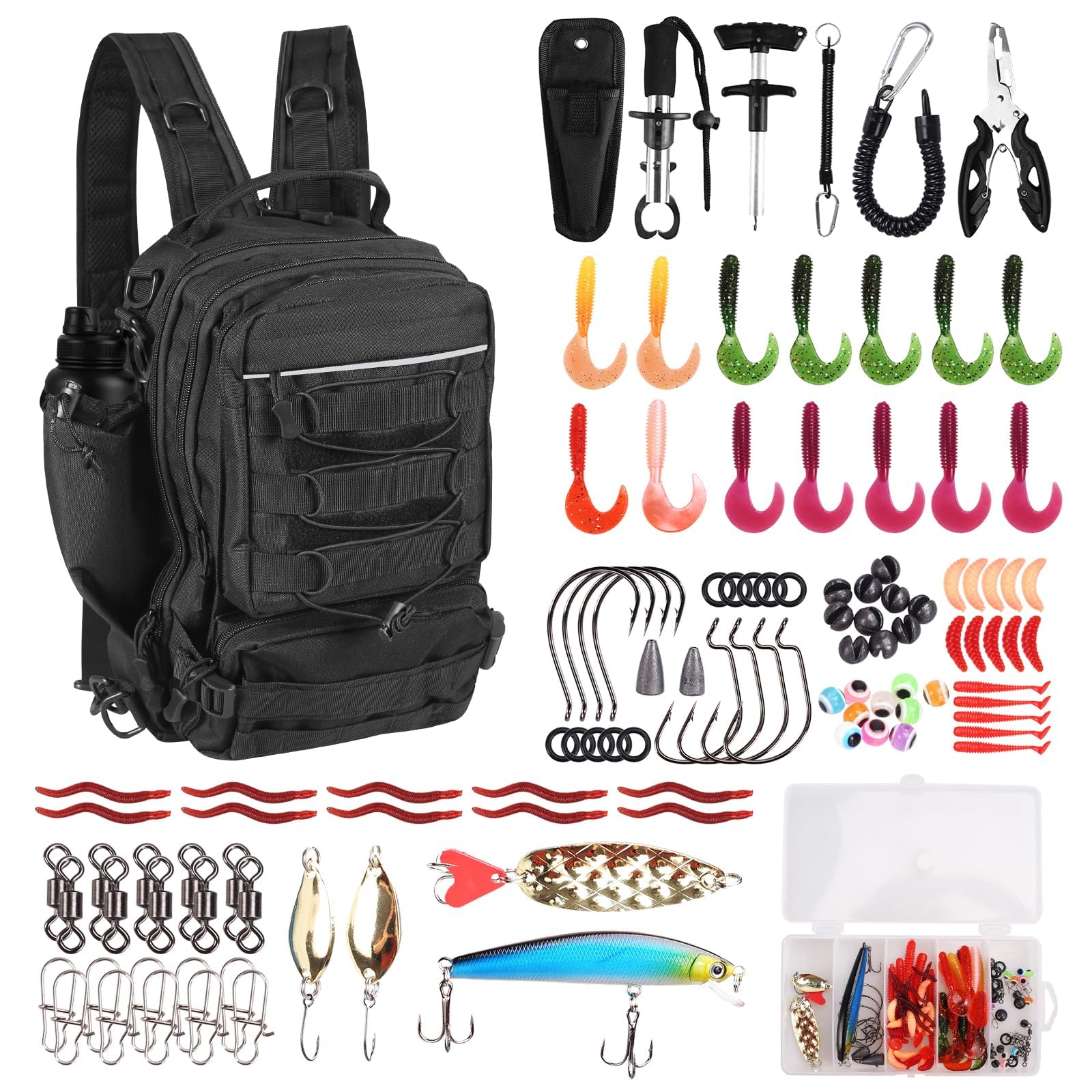 117-Teiliges Angeltaschen Set, Wasserdichter Angelrucksack mit Angelköder Set, Angelwerkzeug-Set mit Angelzangen, Fischhakenentferner und Lip Gripper, Angelset Komplett für Süßwasser Salzwasser