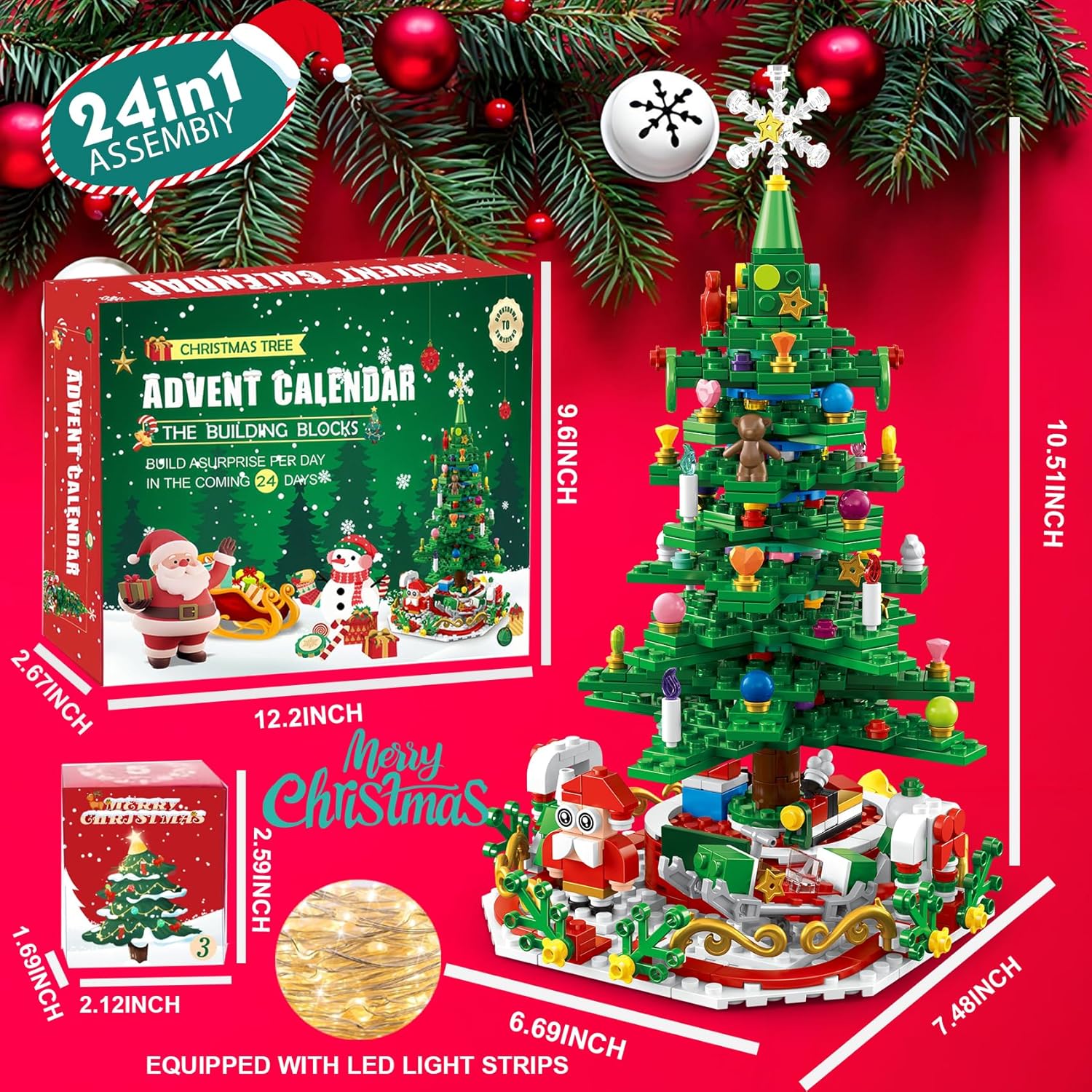 2025Advent Calendar Christmas Tree Building Blocks Toy Set with Warm light,24 Days Countdown Calendar Blocks for Christmas Tree,24 in 1 Vacation Advent Calendar Blocks,Christmas Gift for Kid Adult