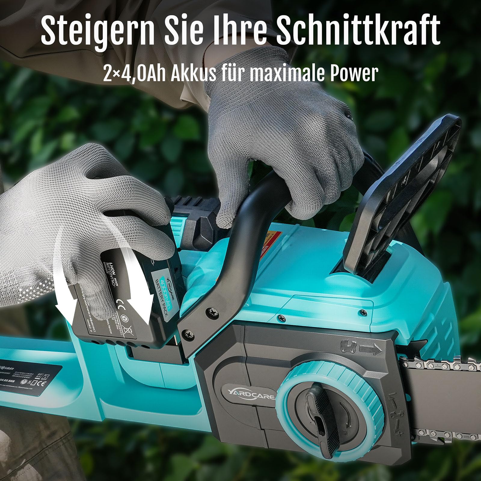 YARDCARE Akku-Kettensäge 16 Zoll, 1600 W Brushless-Motor, Kettengeschwindigkeit 21 m/s, mit LED-Display und 2× 4-Ah-Akkus, werkzeuglose Kettenspannung und automatische Schmierung