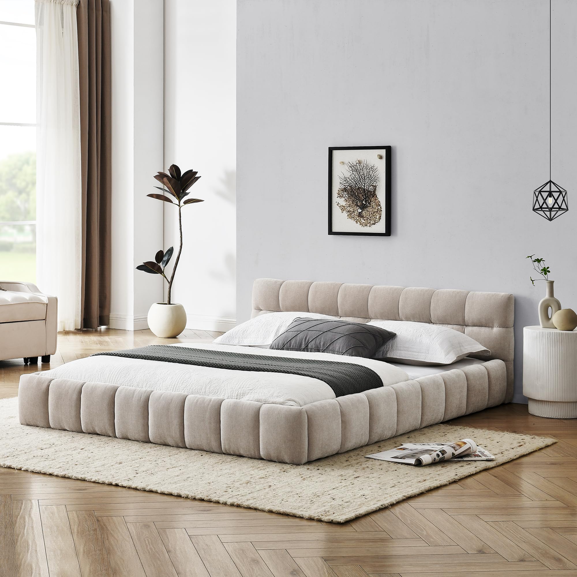 SOFTSEA Queen Size Grounded Platform Bed Frame, Chenille Upholstered Bed with Soft Headboard, Queen Floor Platform Bed Frame with Wood Slats for Kids Teens Adults, Beige