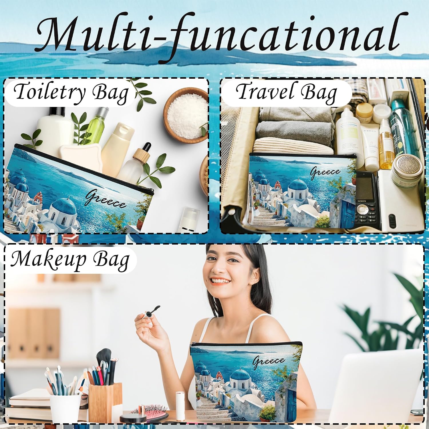 Greece Cosmetic Bag Gifts - Greece Mediterranean Makeup Bag Watercolor Santorini Travel Toiletry Organizer Zipper Pouch for Lover Player Women Girls Travelers