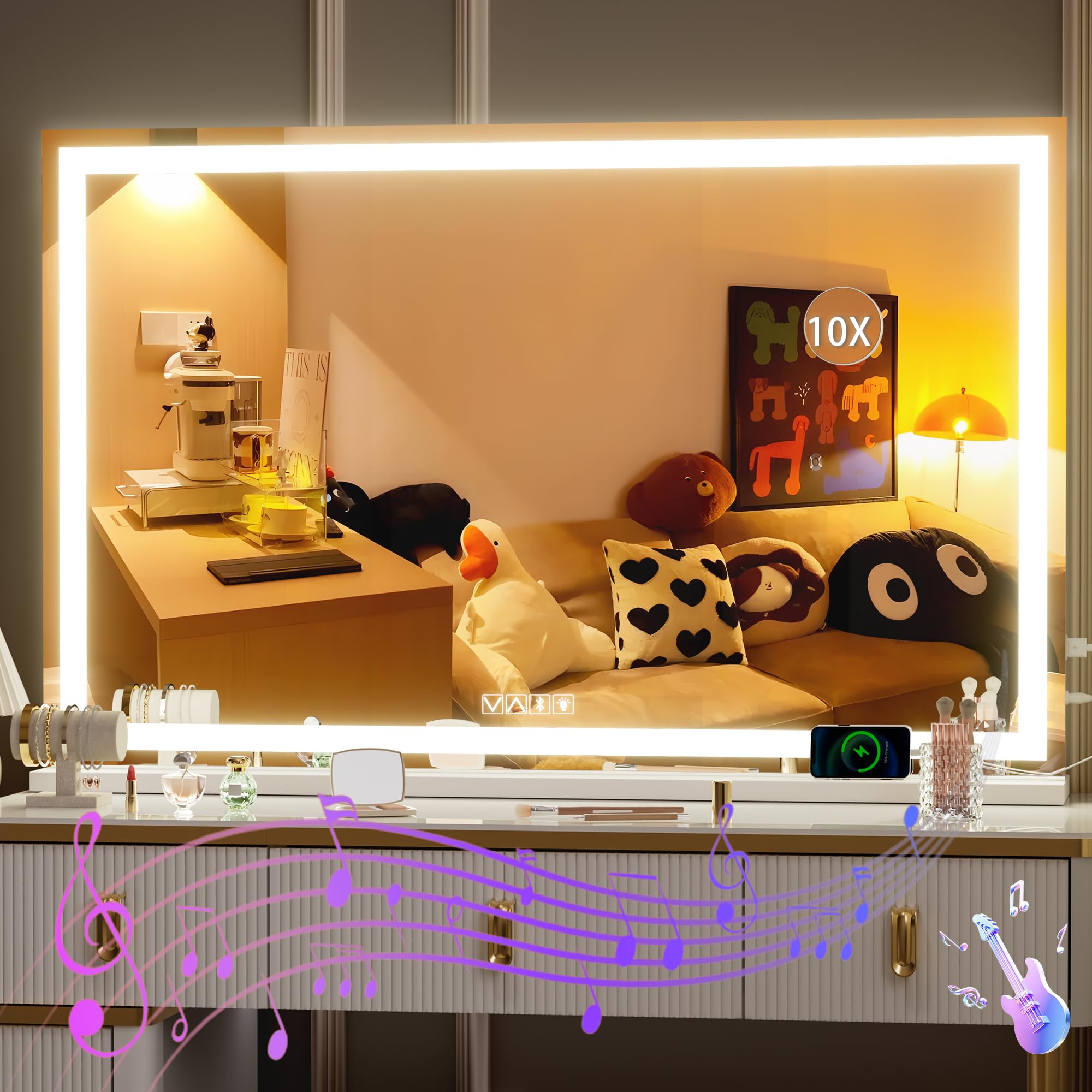 Hasipu Vanity Mirror with Lights and Bluetooth Speaker, 47" x 30" LED Makeup Mirror, Lighted Makeup Mirror with Dimmable 3 Modes, Touch Screen Control Vanity Mirror Square White