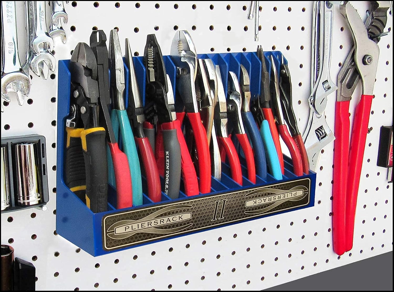 PLR16 Gray PliersRack for your Peg Board and Toolbox Drawer. Plier storage for Regular & smaller pliers. Keeps spring loaded pliers closed in your toolbox. Has a special tilt feature.