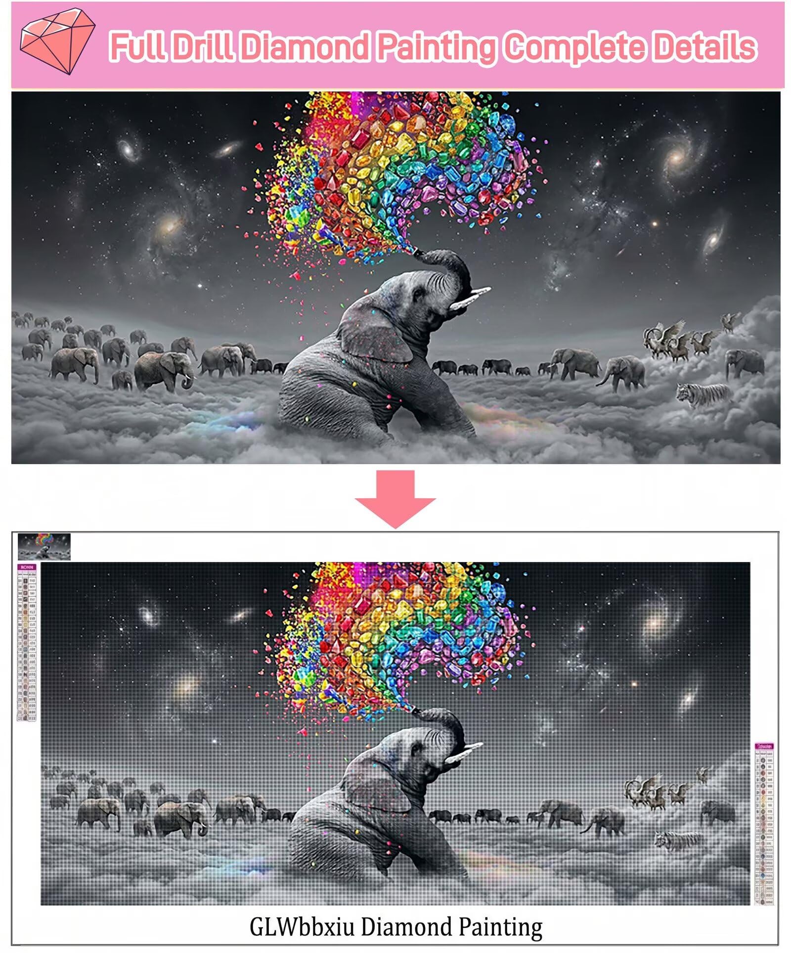 Diamond Painting Elefant Diamant Painting Bilder, 5D Farbe Runder Full Drill DIY Set Erwachsene Diamanten Kinder Kreatives für Erwachsene Mosaik Bastelset für Home Decor Wand Deko, 100x200cm, Cod-951