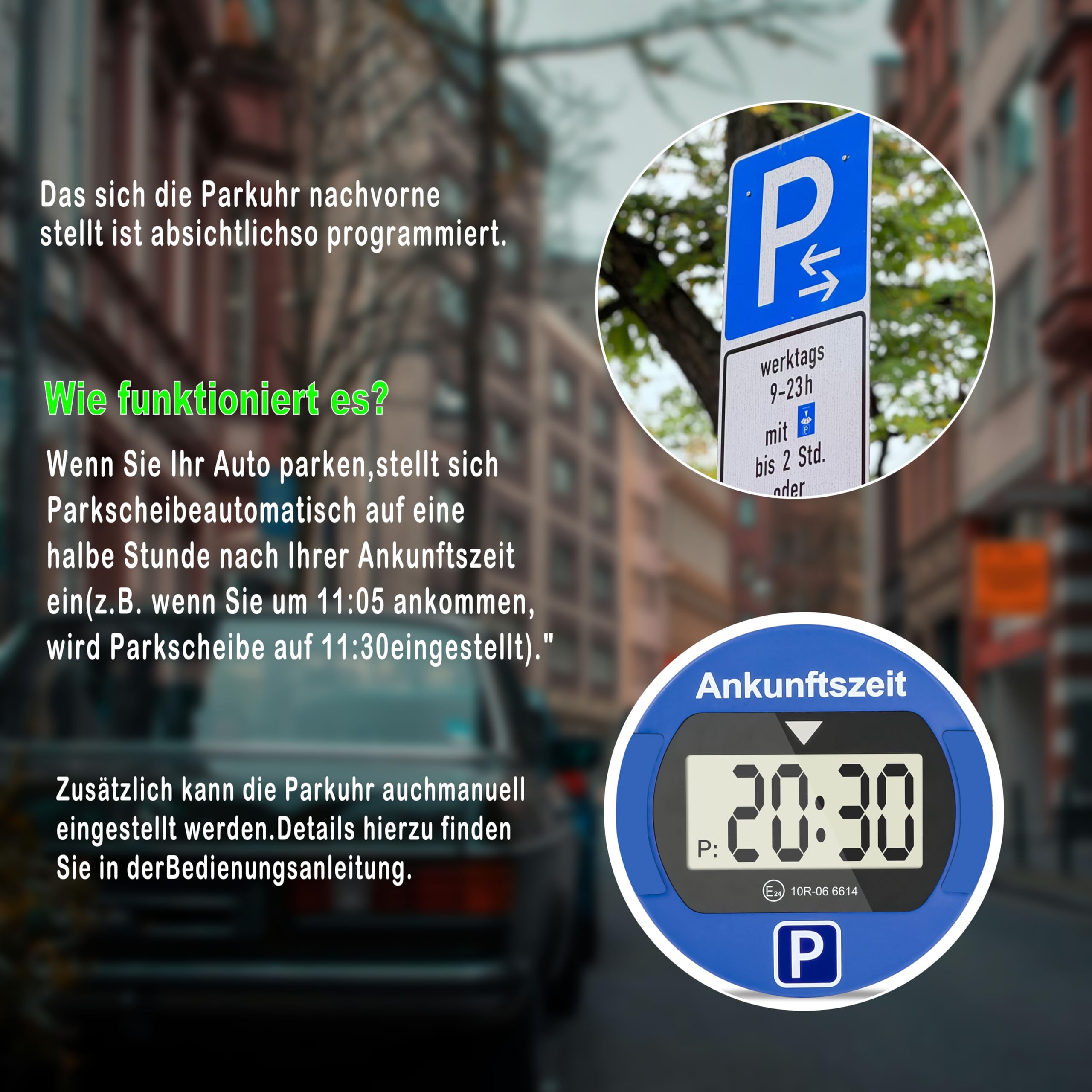 TEOV Elektronische Parkscheibe mit Zulassung KBA fürs Auto - Digitale Parkuhr mit Nachtmodus und Taktungseinstellung, Großer Bildschirm, präzise Zeitmessung, Rund. Blau oder Schwarz