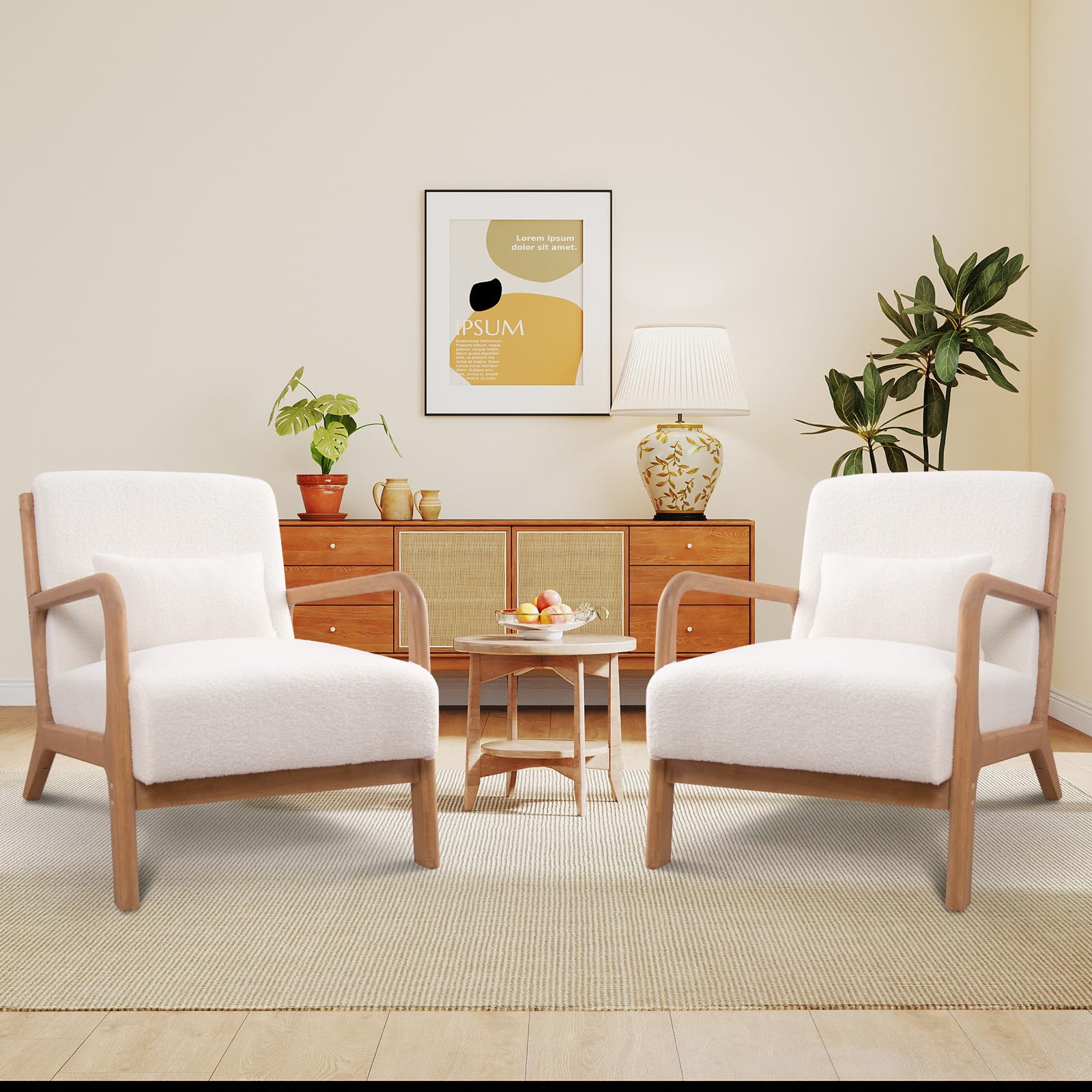 ANJ Mid Century Modern Accent Chair Set of 2, Single Boucle Lounge Reading Armchair with Solid Wood Frame, Easy Assembly Arm Chairs for Living Room,