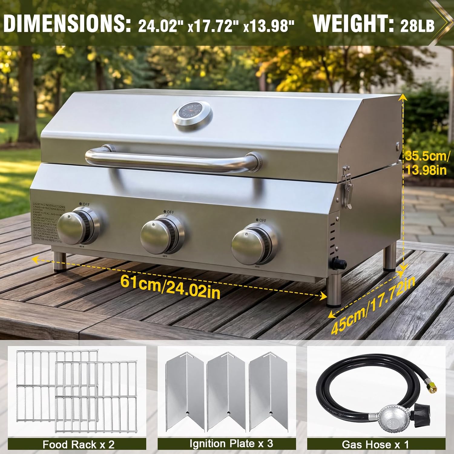 Bestfire 3-Burner Tabletop Gas Grill, 30,000 BTU Portable Propane Grill, Heavy-Duty Thickened Stainless Steel Grates, Stainless Steel Knobs, Compact & Detachable Legs for Camping, RV&BBQ