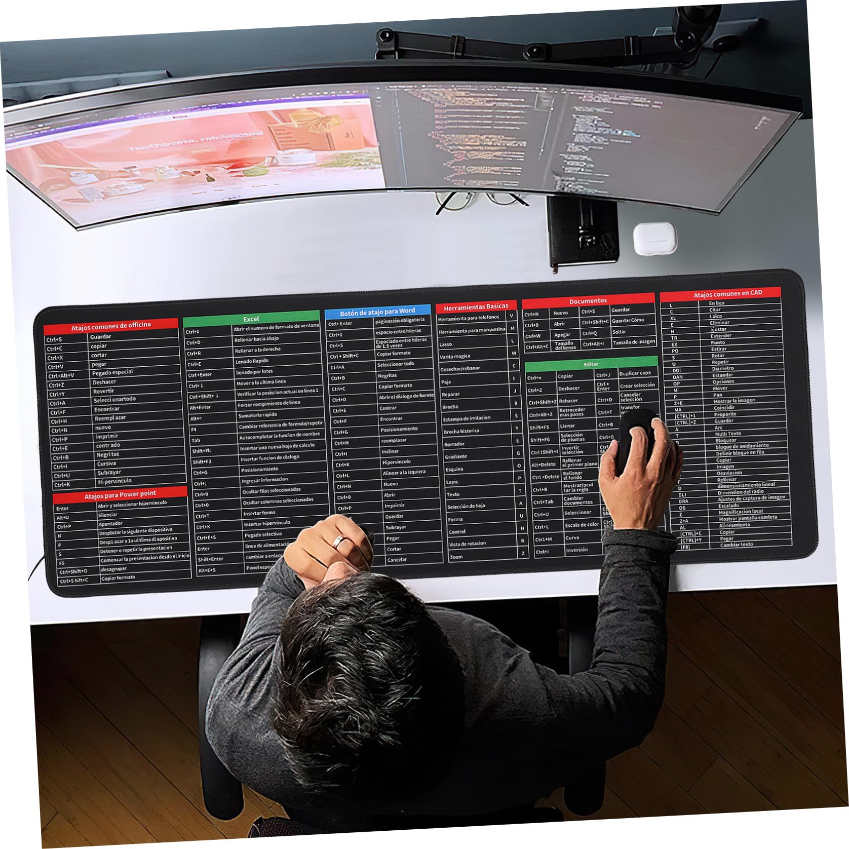 Yardwe Tappetino Grande per Mouse Scorciatoie Excel in Spagnolo 300X800X3Mm Tastiera Antiscivolo per Ufficio e Arredamento da Scrivania Uso Semplice e Rapido