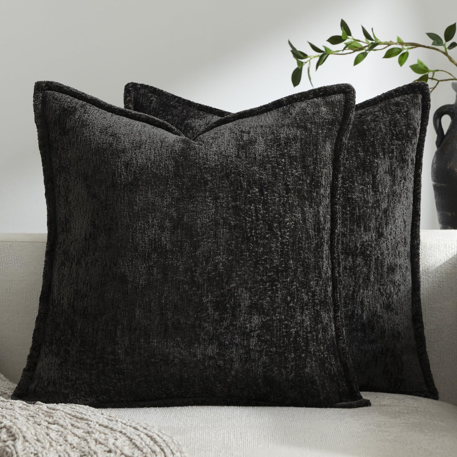 DEZENE Pack of 2 Black Decorative Throw Pillow Covers 18x18 Cozy Soft Chenille Accent Vintage Square Couch Pillow Covers for Home Decor Bed Sofa