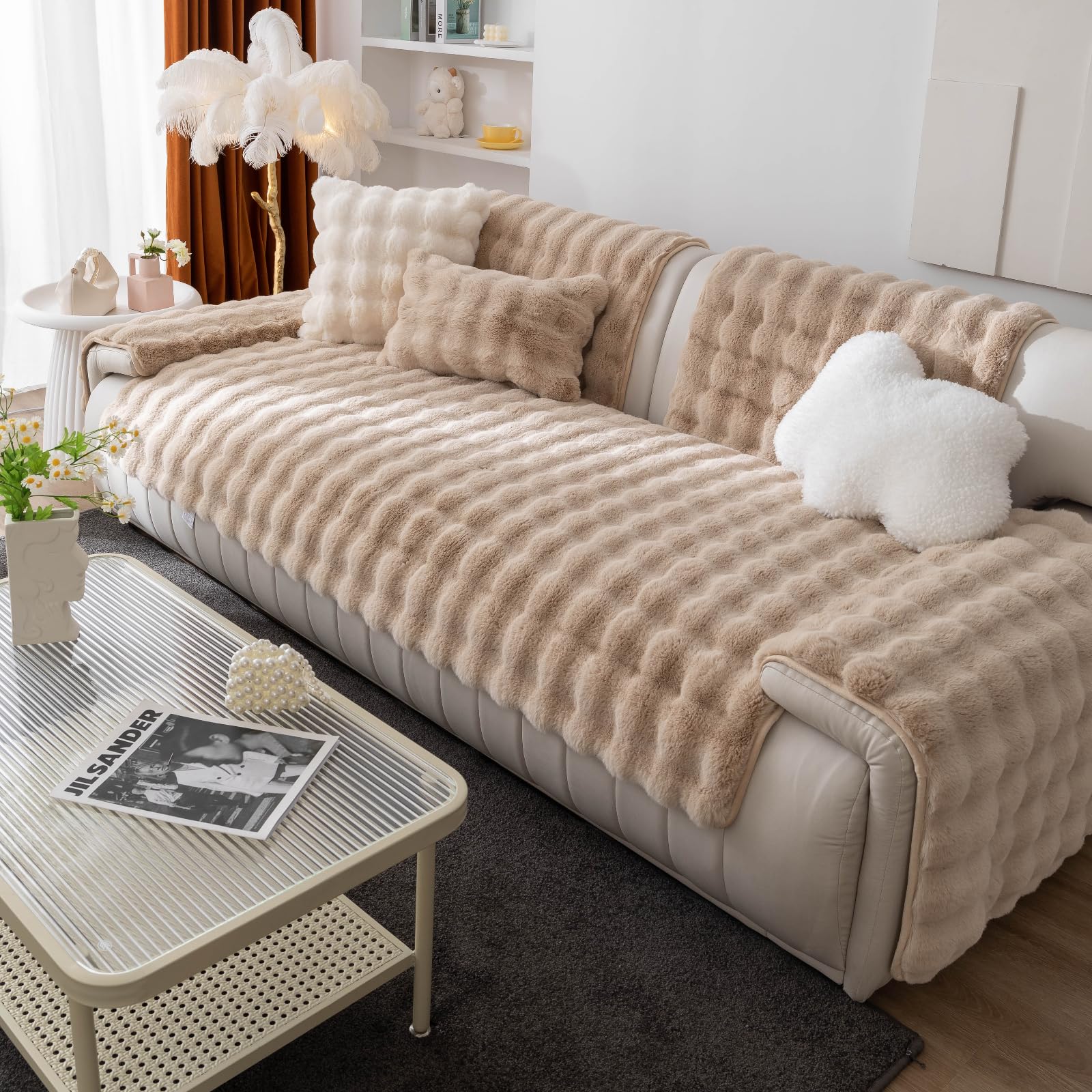 Générique Fourrure synthétique de Luxe Housse de Canapé d'angle, Peluche antidérapante Plaid pour Canapé, Protection de Lavable pour sectionnels Beige 1 pièce /70 x 180 cm
