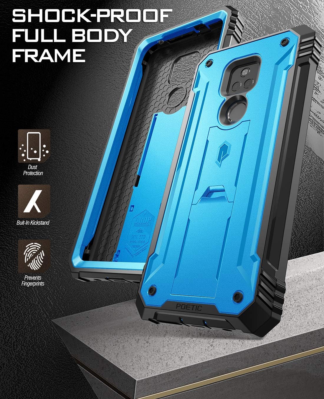 Poetic Revolution Series Case for Moto G Play (2021), Full-Body Rugged Dual-Layer Shockproof Protective Cover with Kickstand and Built-in-Screen Protector, Blue