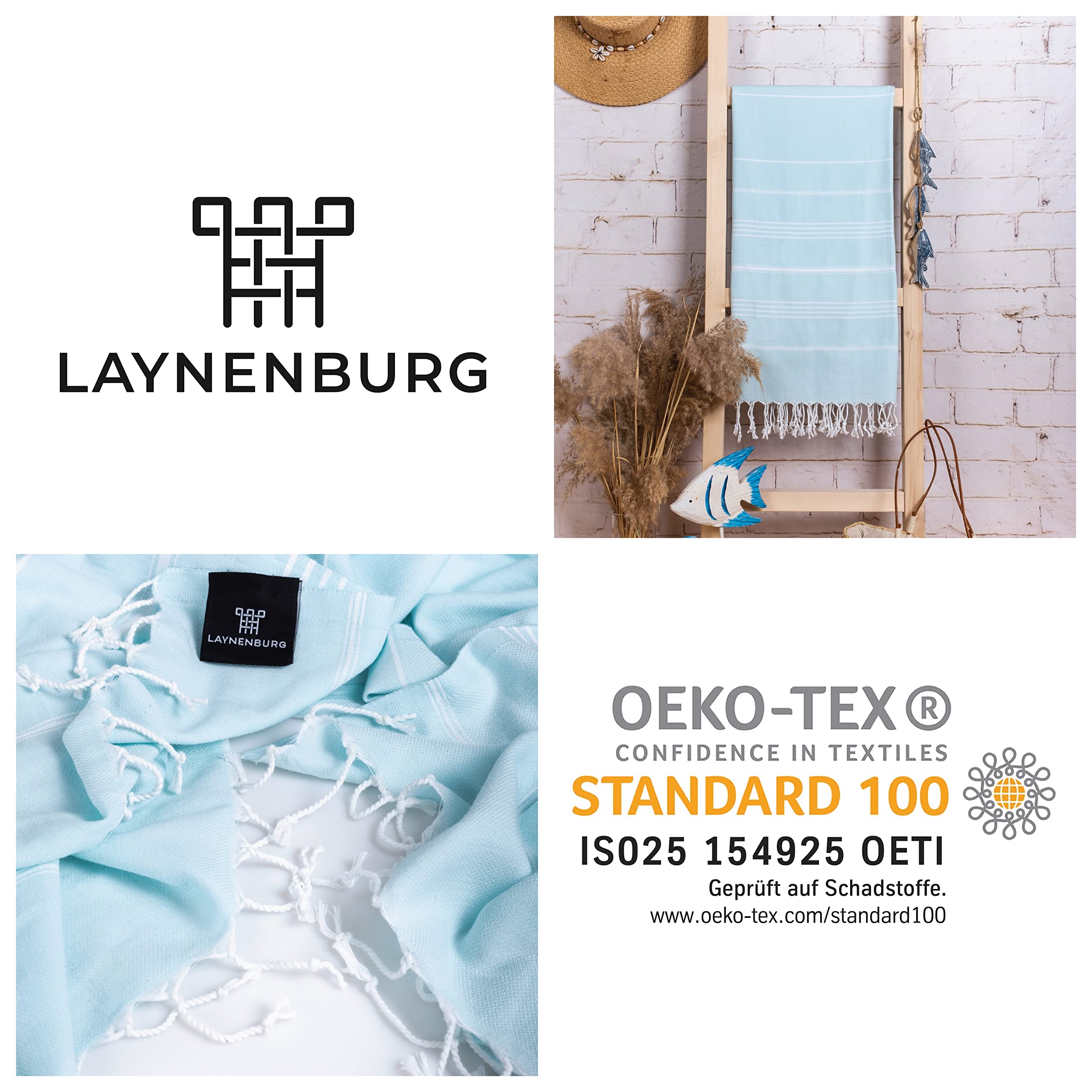 LAYNENBURG Ręcznik premium z ręcznie wiązanymi frędzlami, do łaźni tureckiej, sauny, plażowy,100% bawełna, Oeko-Tex 100, duży, podróżny, rozmiar XXL, 95 x 180 cm, jasnoturkusowy