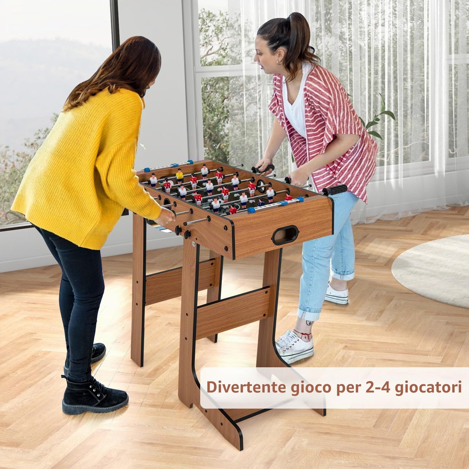 GYMAX Calcio Balilla Pieghevole in Legno, Calcetto da Tavolo con Supporto e 6 Aste, 2 Palloni e 18 Portieri e Segnapunti, per Bambini e Adulti, 69 x 60 x 71 cm